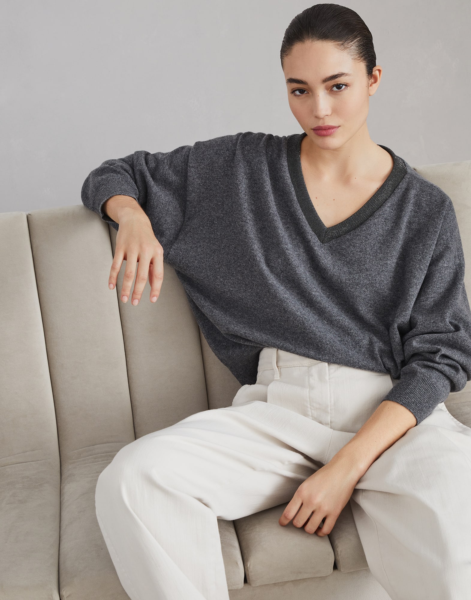 Cashmere sweater with monili Lead Woman - Brunello Cucinelli