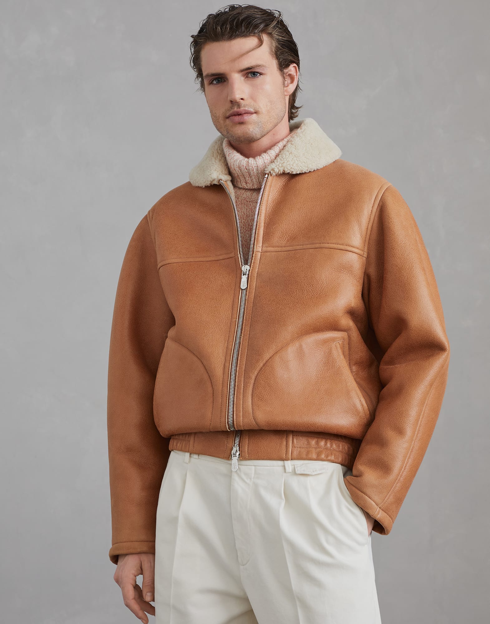 Shearling bomber jacket men discount