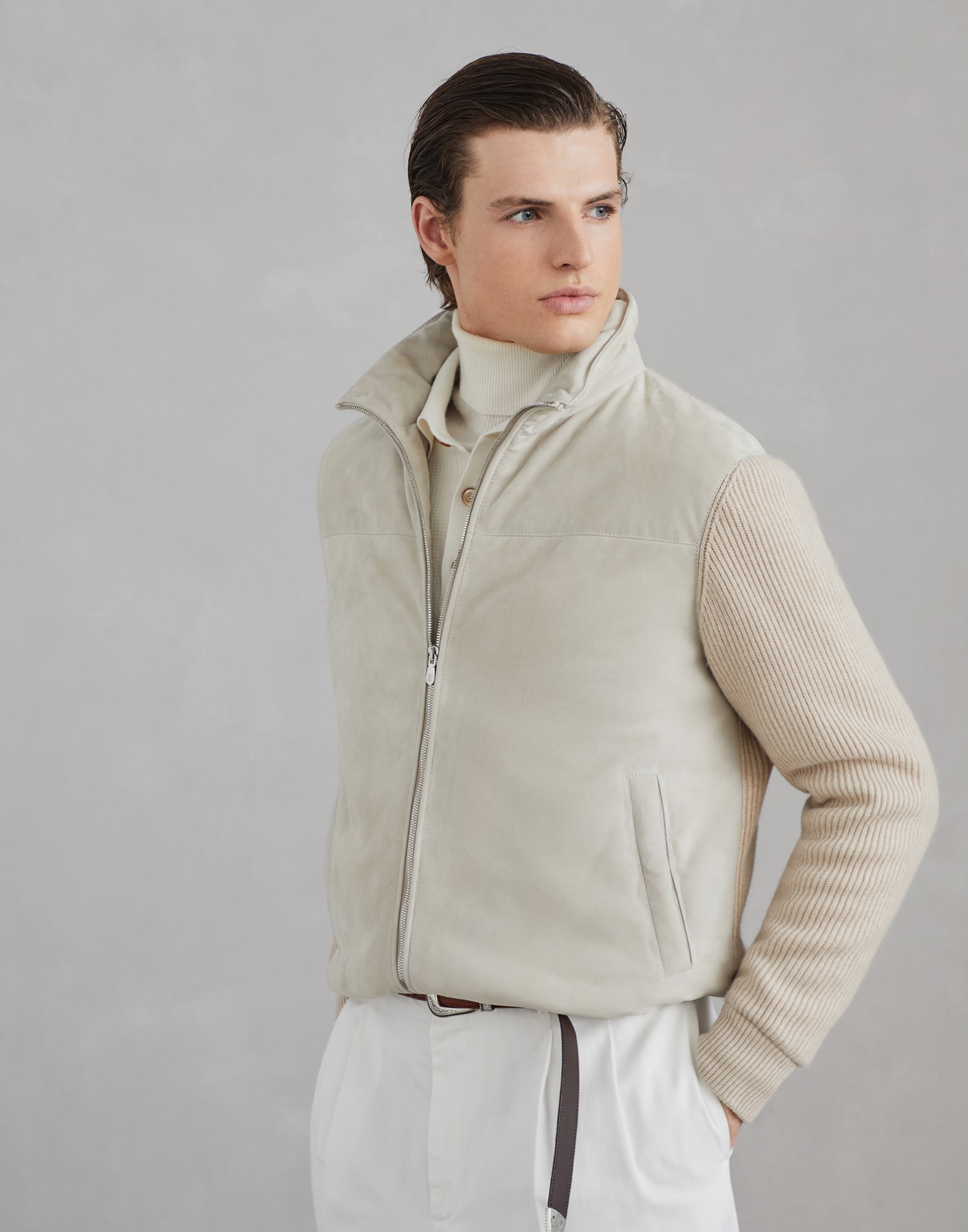 Suede bomber jacket with quilting