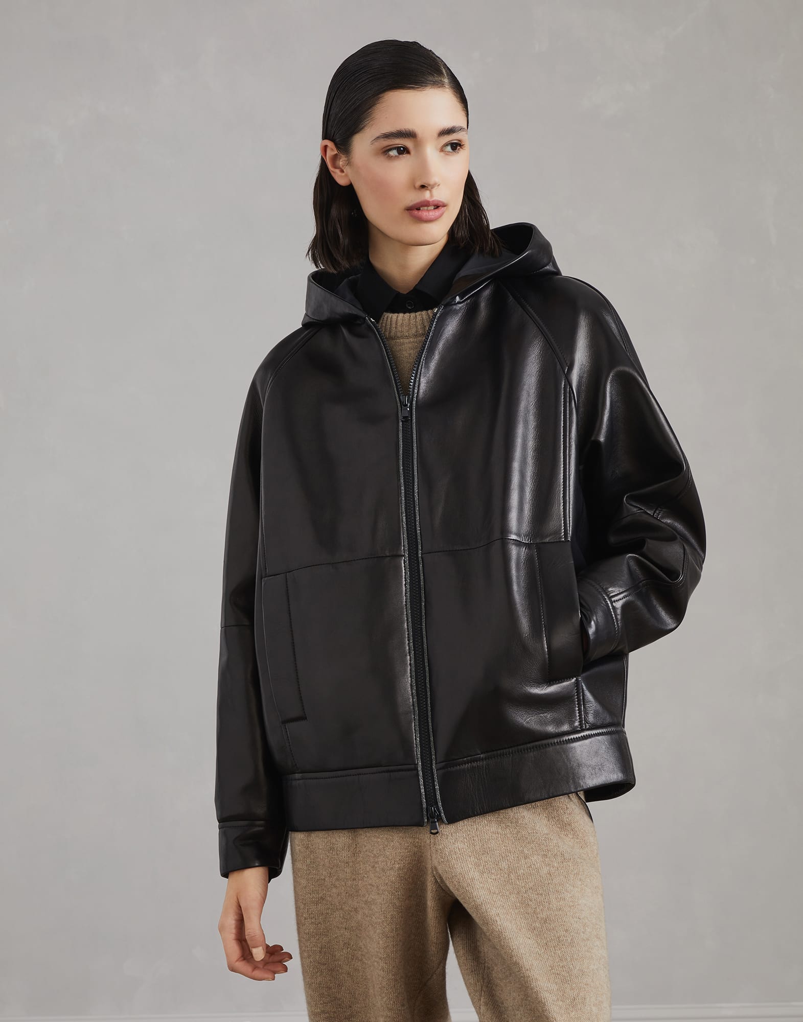 Nappa outerwear jacket with monili