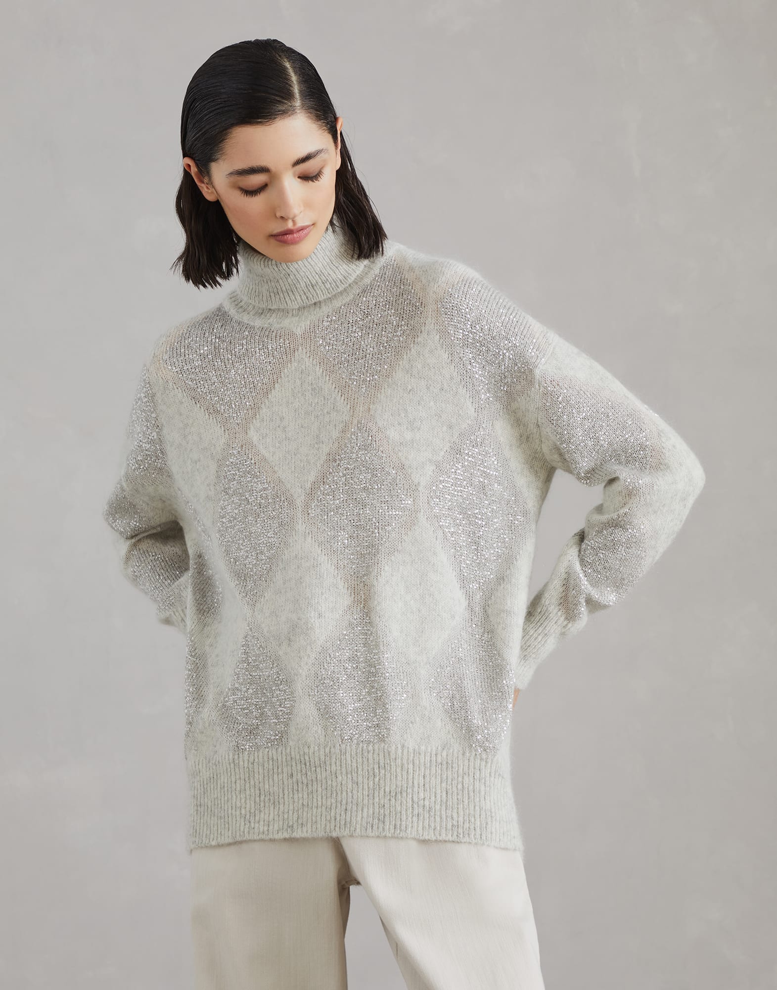 Dazzling Argyle turtleneck sweater Pearl Grey Woman - Brunello Cucinelli