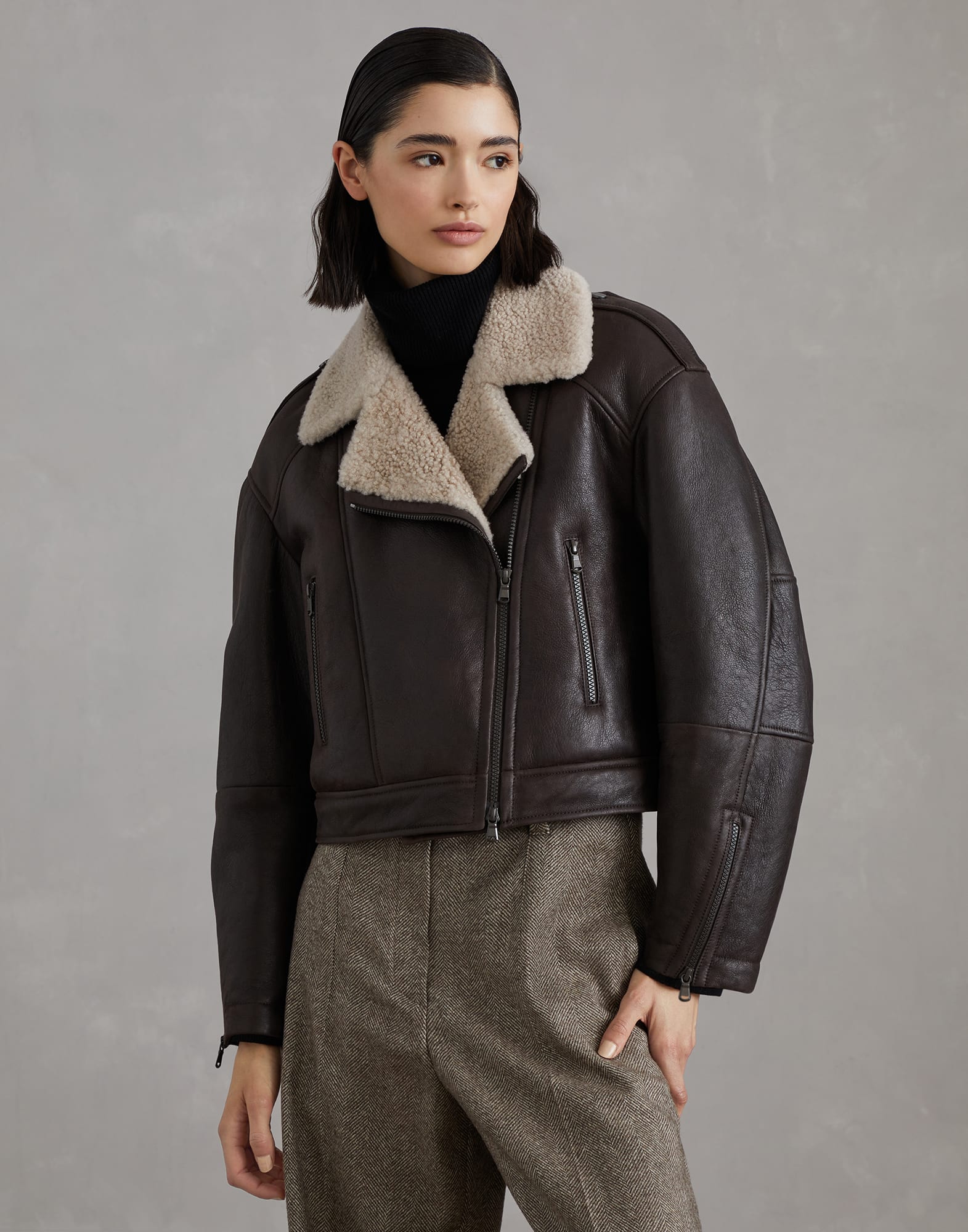 Waxed shearling biker jacket 242MPMCI7931C1847 for Woman Brunello Cucinelli