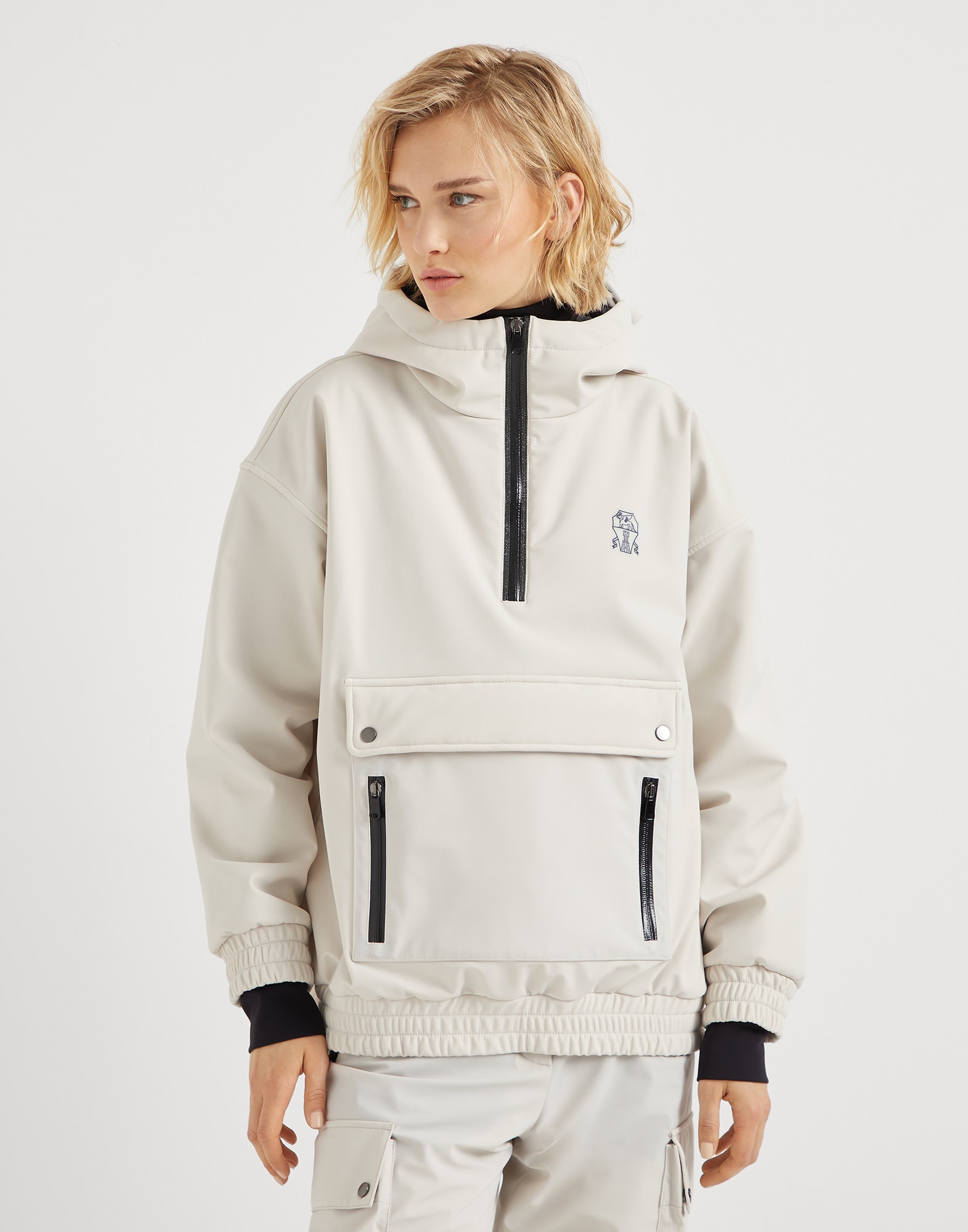 Brunello Cucinelli Bonded techno fabric hooded mountain jacket with Thermore padding and precious half zip White 38