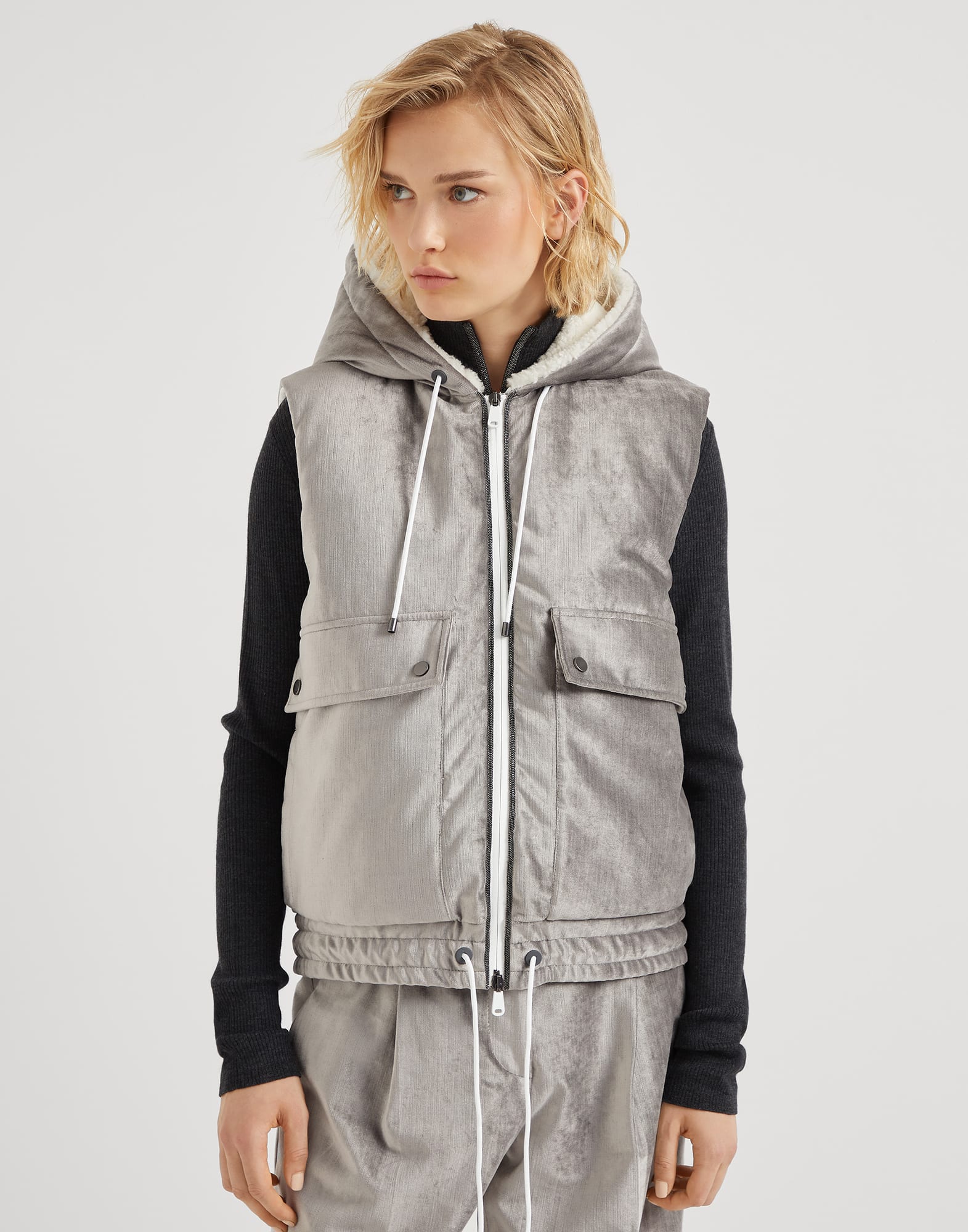 Brunello Cucinelli Cotton and viscose sleek velvet down vest with shiny trims Grey 52