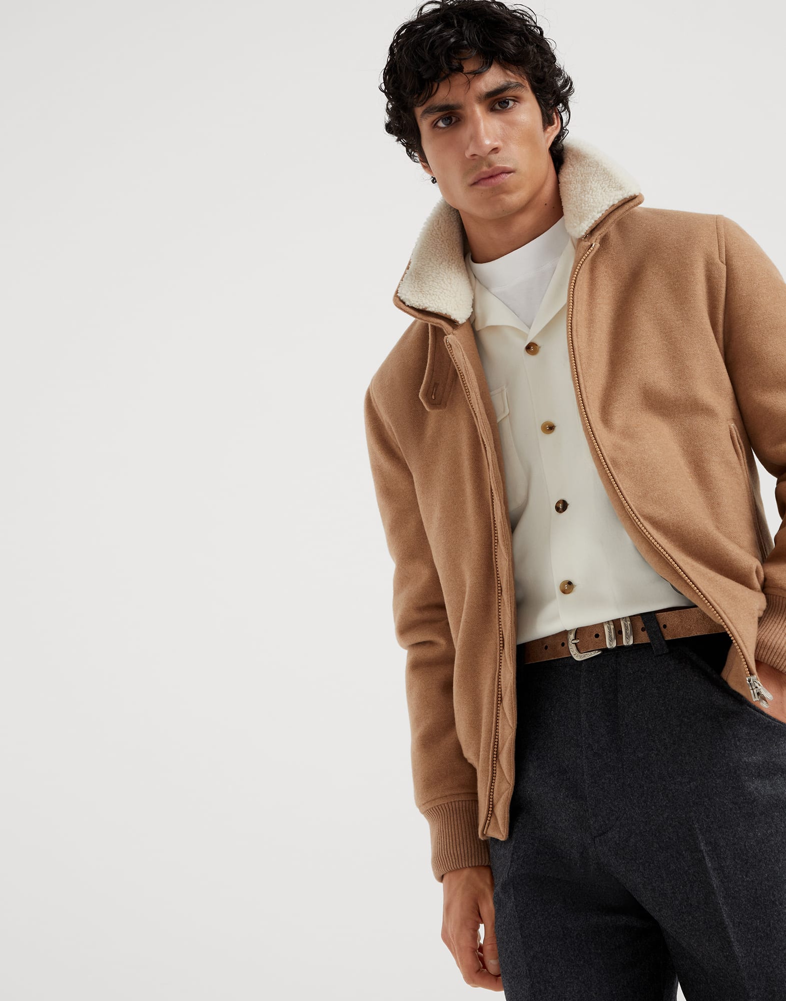 Bomber in panno di cashmere Camel Uomo - Brunello Cucinelli