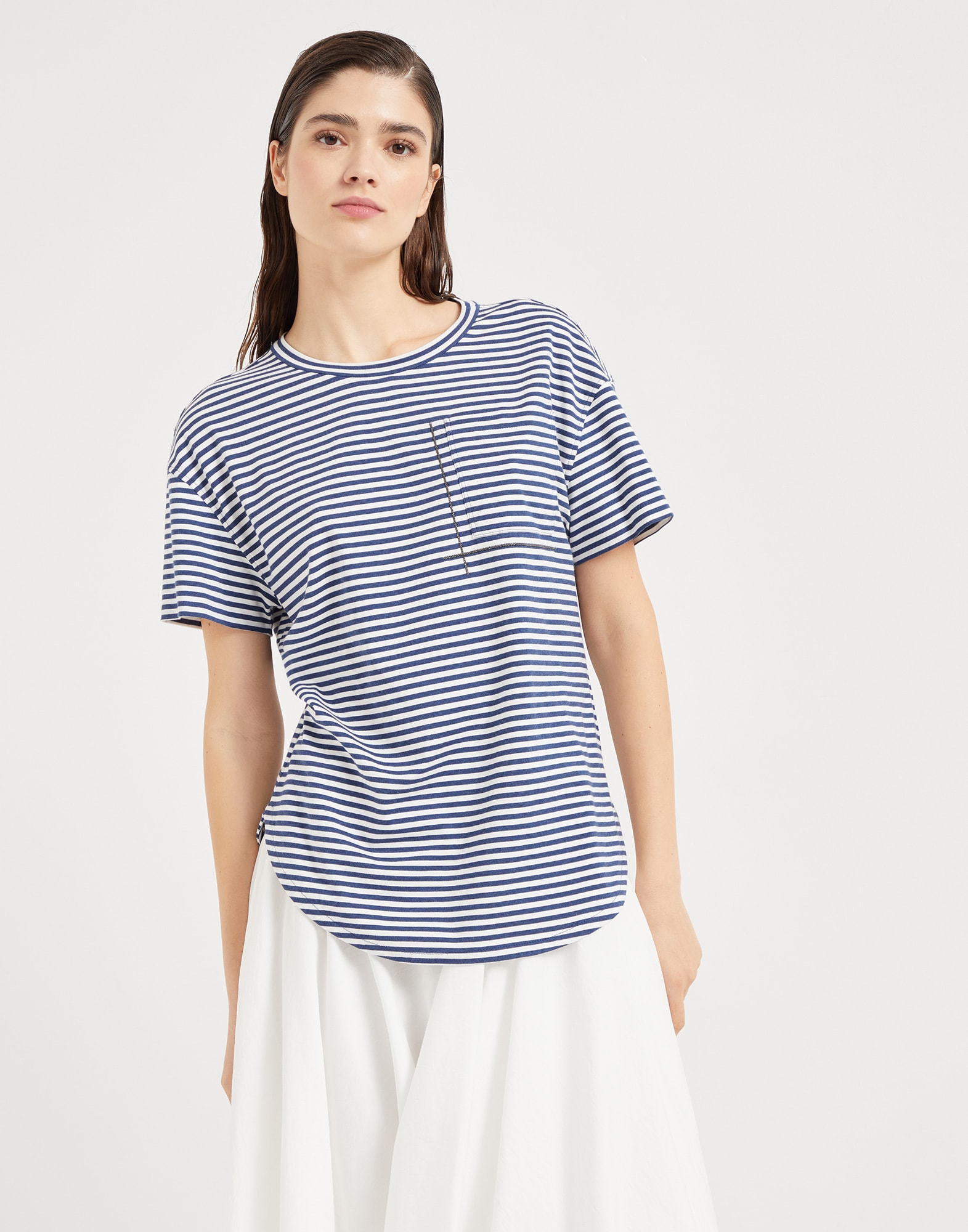 T-shirt with monili for Woman in Blue | Brunello Cucinelli T-shirt with monili for Woman in Blue | Brunello Cucinelli