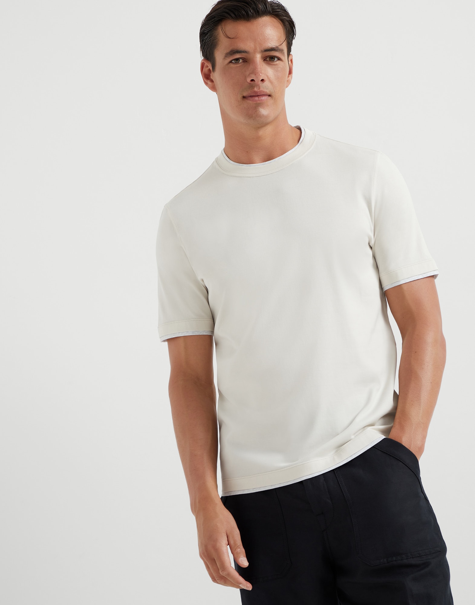 T-shirt with faux-layering for Man in Off-White | Brunello T-shirt with faux-layering for Man in Off-White | Brunello