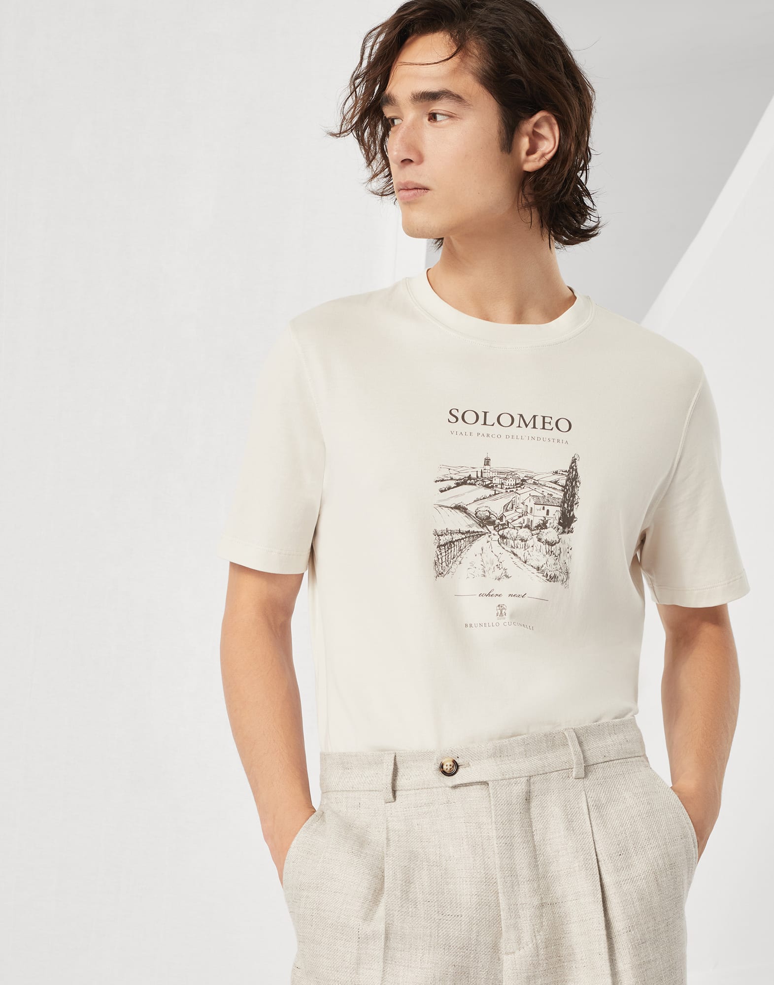 ⭐️未使用近い⭐️ Brunello Cucinelli Tシャツ ロゴ 白M メンズ 向け パナマ プリント Tシャツ | Brunello Cucinelli