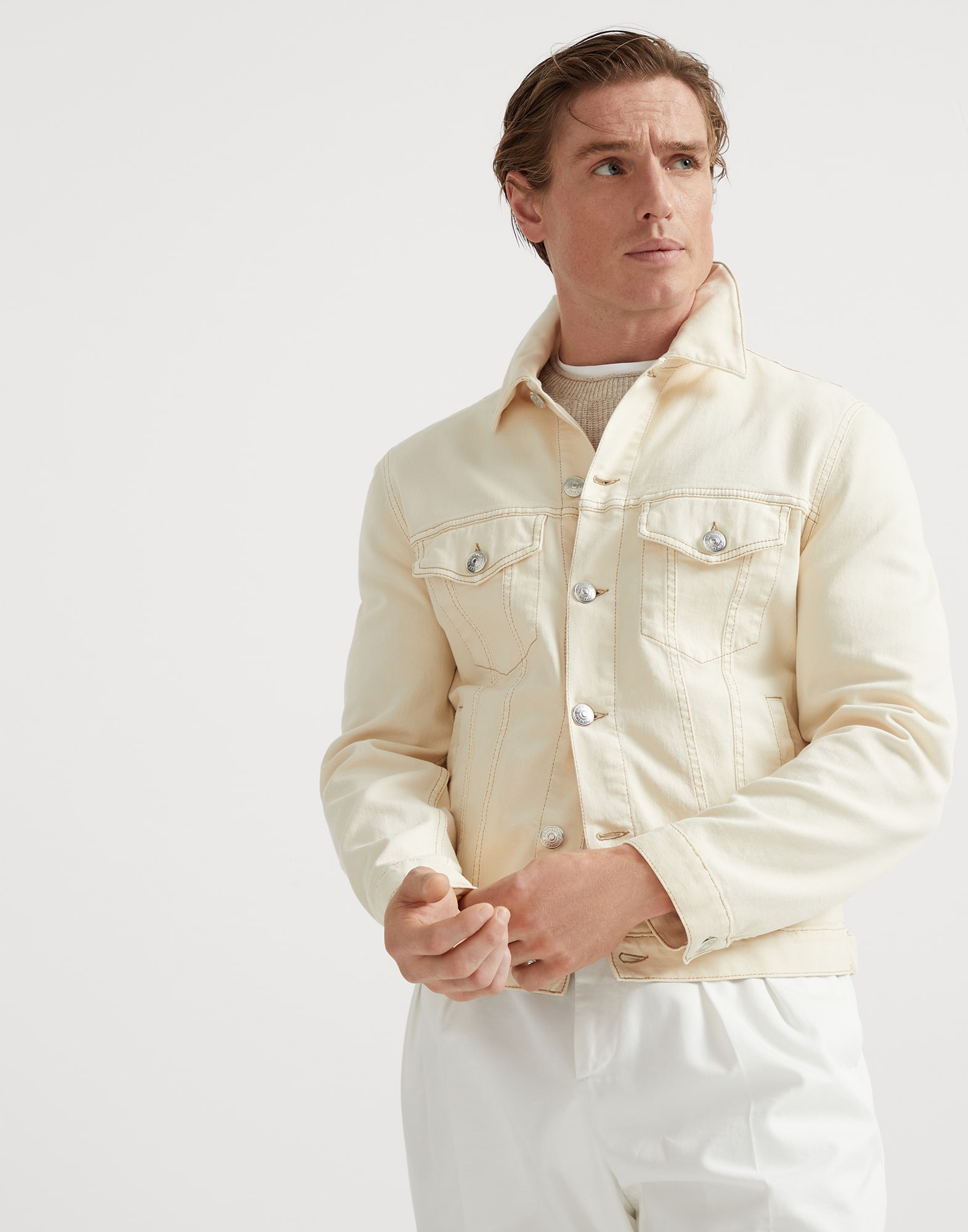 Denim jacket for Man in Cream | Brunello Cucinelli Denim jacket for Man in Cream | Brunello Cucinelli