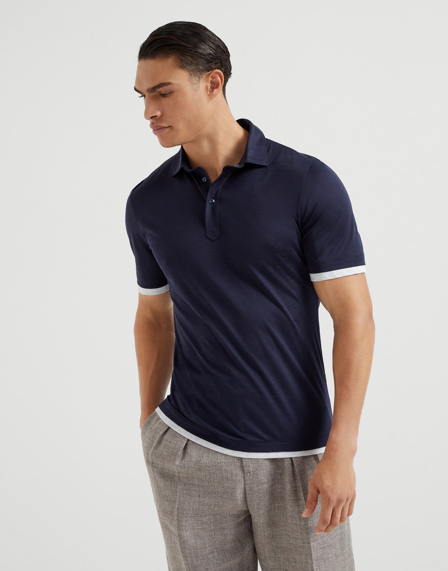 Polo with Faux-Layering Blue Man - Brunello Cucinelli