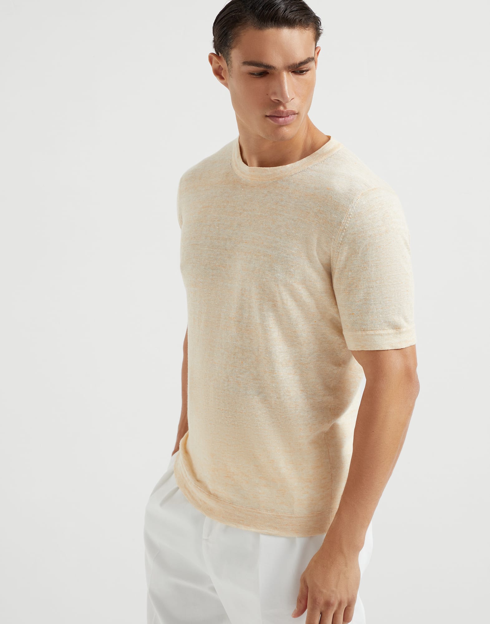 Knit T-shirt for Man in Apricot | Brunello Cucinelli Knit T-shirt for Man in Apricot | Brunello Cucinelli