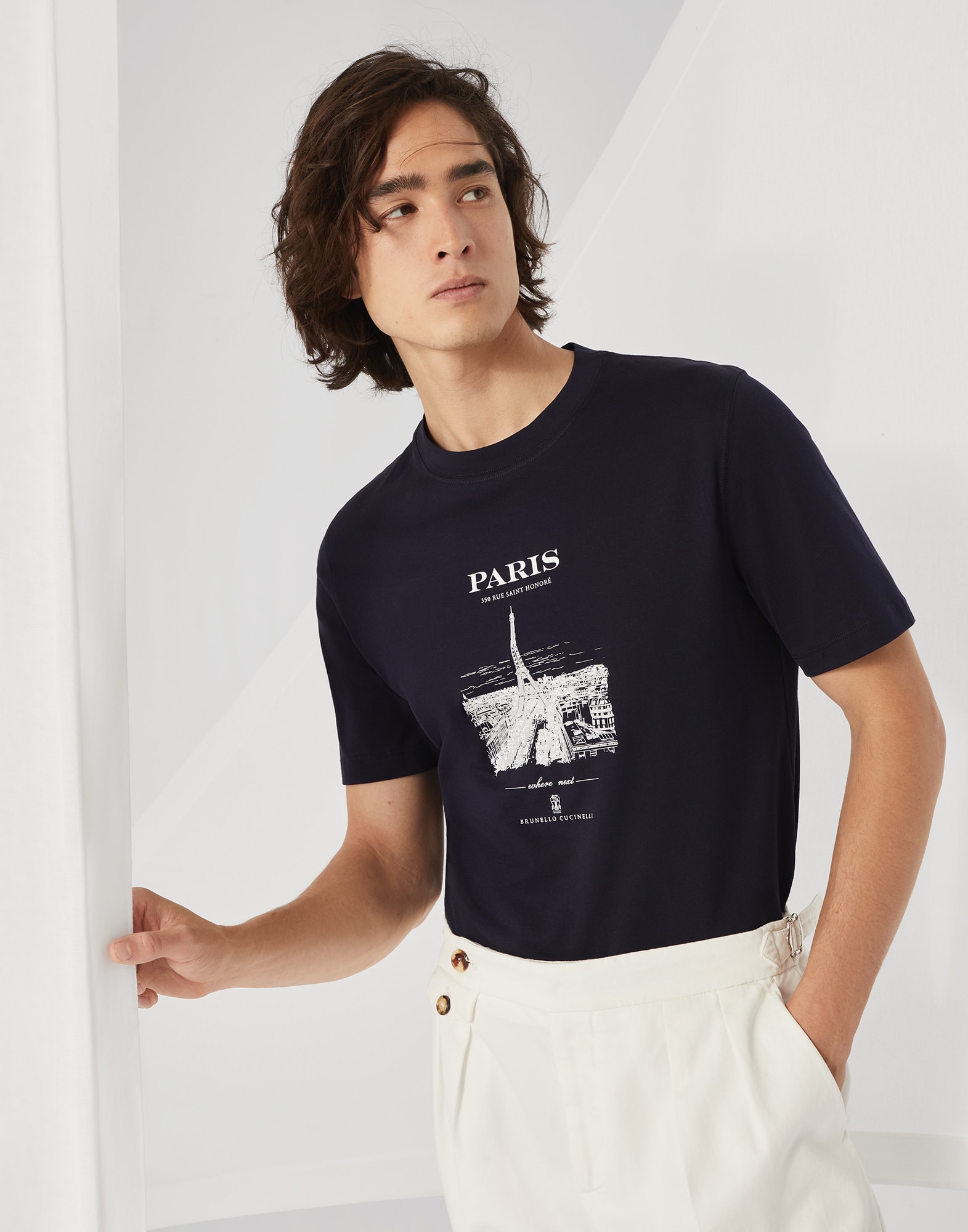 T-shirt with print for Man in Cobalt | Brunello Cucinelli T-shirt with print for Man in Cobalt | Brunello Cucinelli