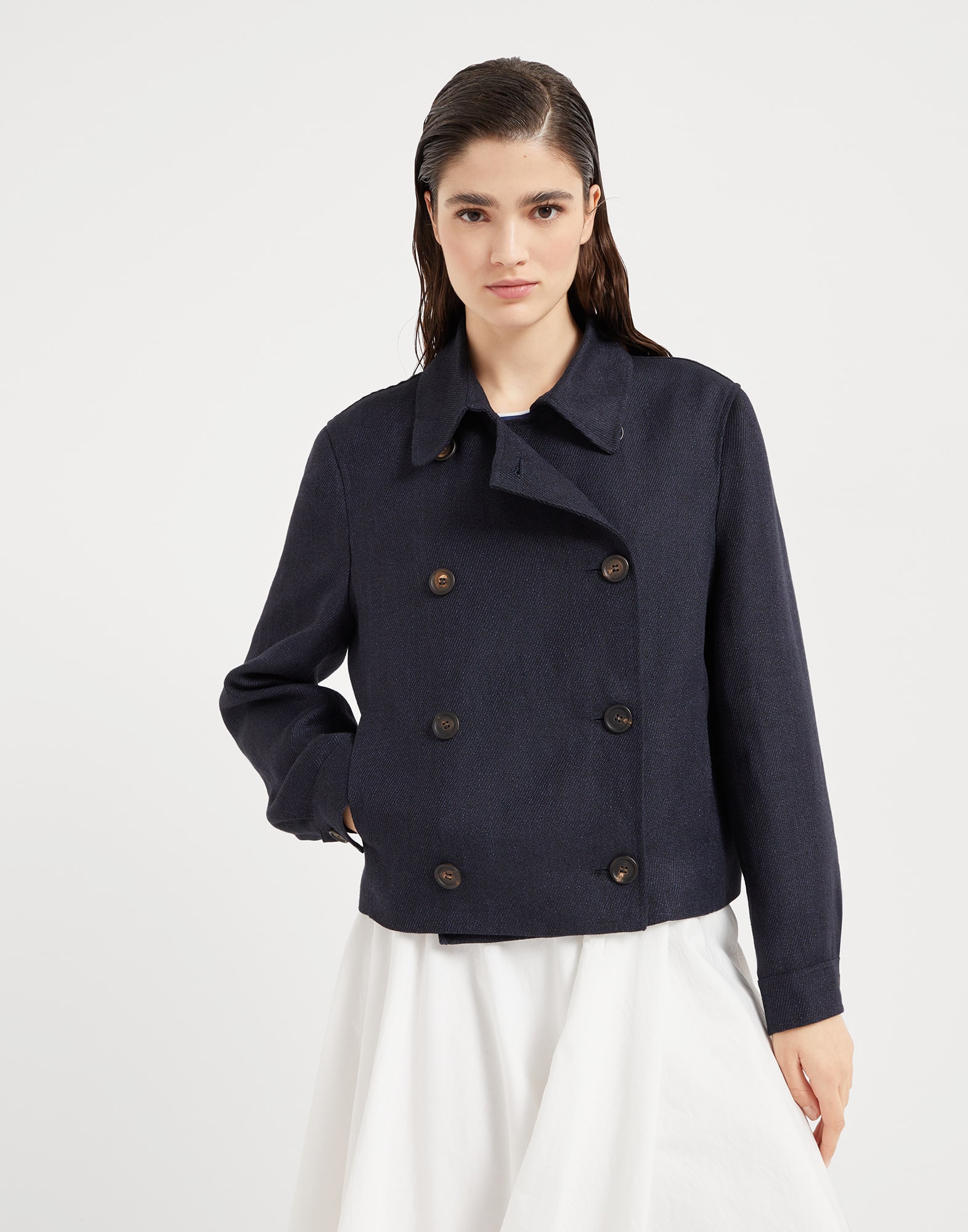 Crop caban jacket with monili for Woman in Navy Blue Crop caban jacket with monili for Woman in Navy Blue