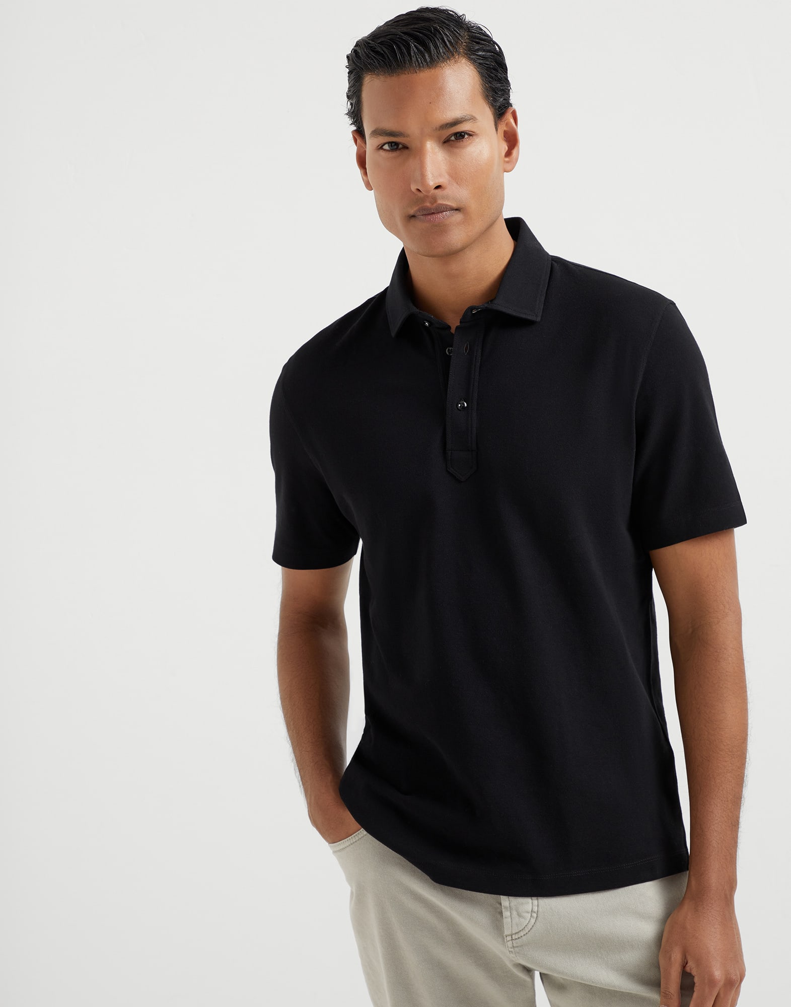 Piqué polo shirt for Man in Black | Brunello Cucinelli Piqué polo shirt for Man in Black | Brunello Cucinelli