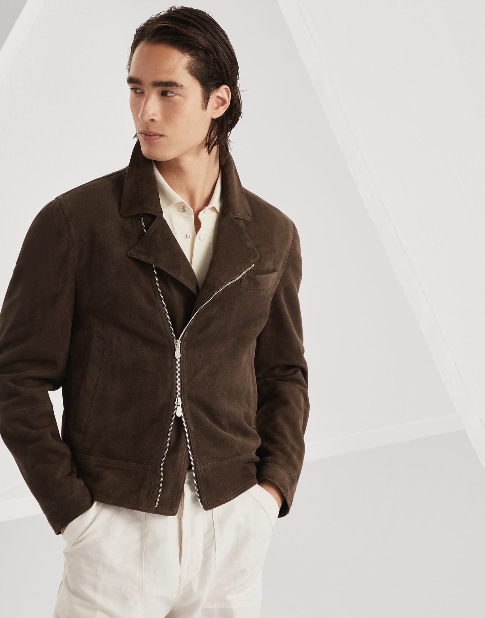 Suede biker jacket for Man in Brown | Brunello Cucinelli Suede biker jacket for Man in Brown | Brunello Cucinelli
