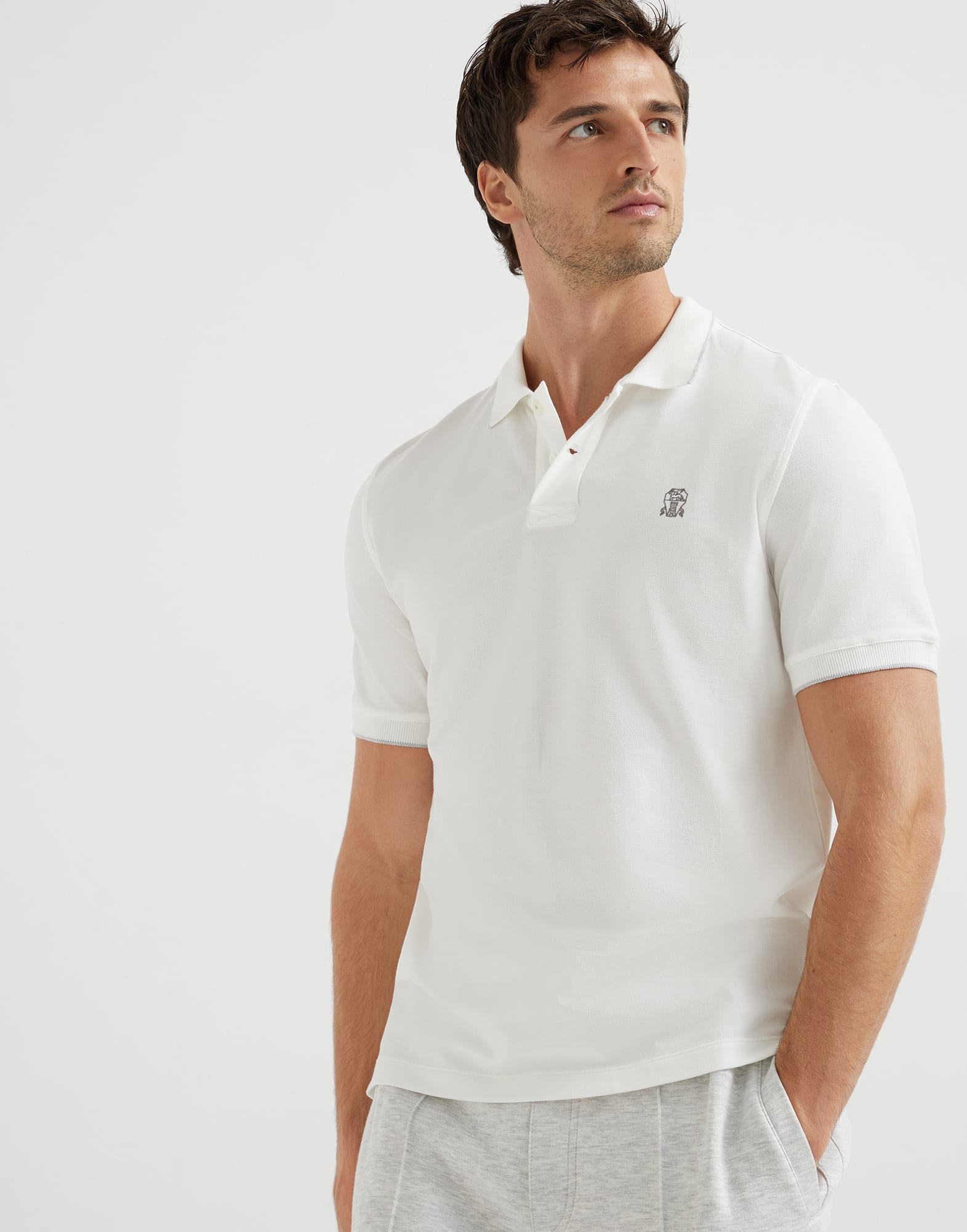 Piqué polo shirt for Man in Grey | Brunello Cucinelli Piqué polo shirt for Man in Grey | Brunello Cucinelli