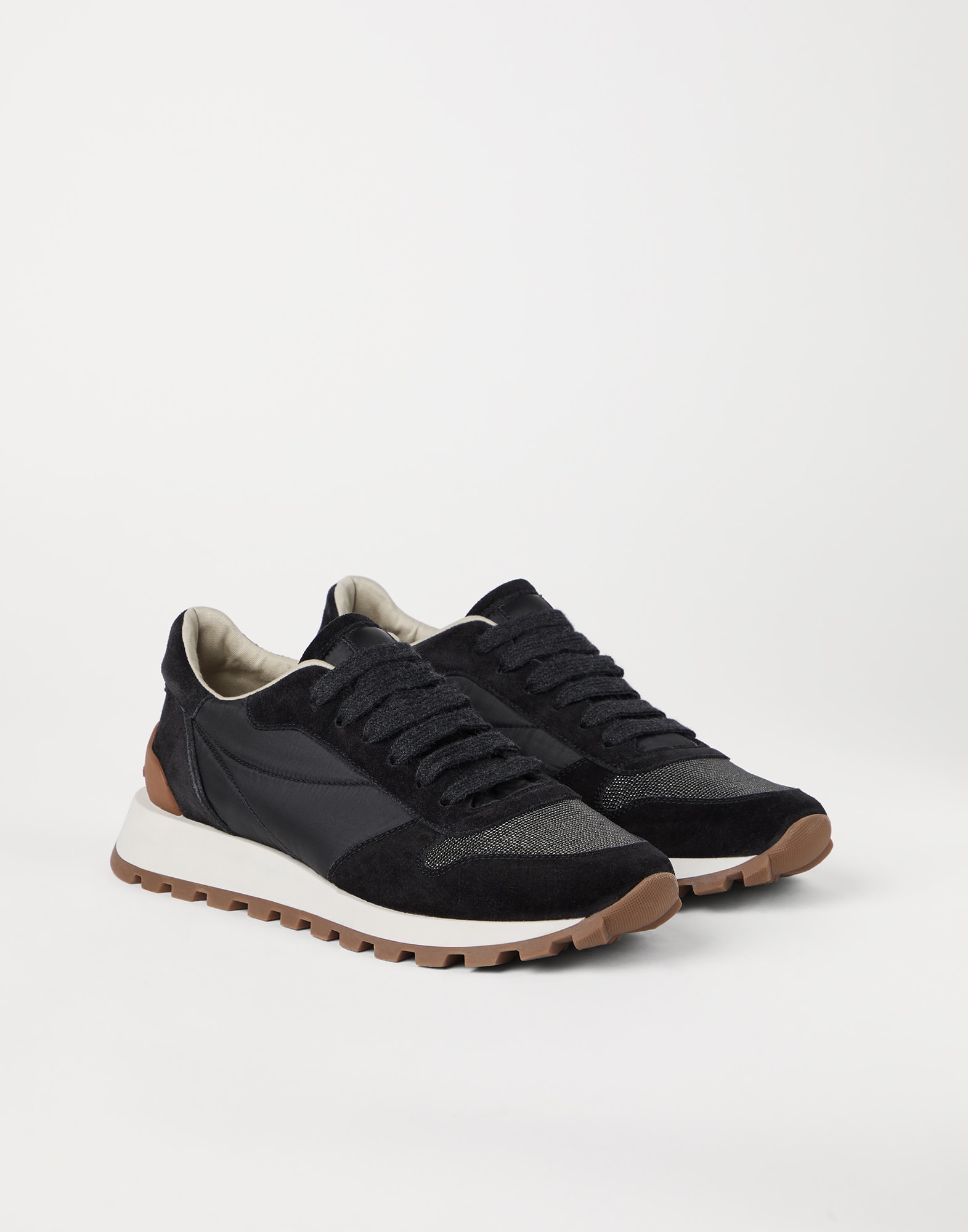 スニーカー BRUNELLO CUCINELLI Nylon and suede sneakers Suede runners for Woman in Black | Brunello Cucinelli