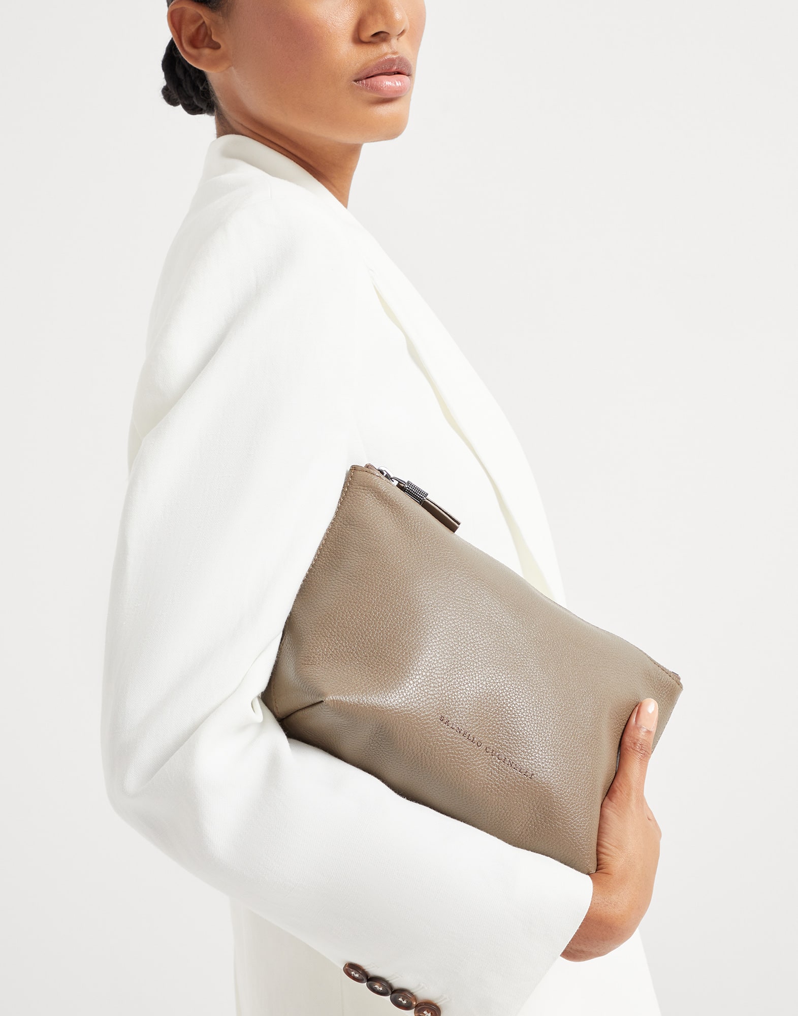 クラッチバッグ Brunello Cucinelli Clutch In Pelle Scamosciata Leather clutch bag with monili for Woman in Light Grey