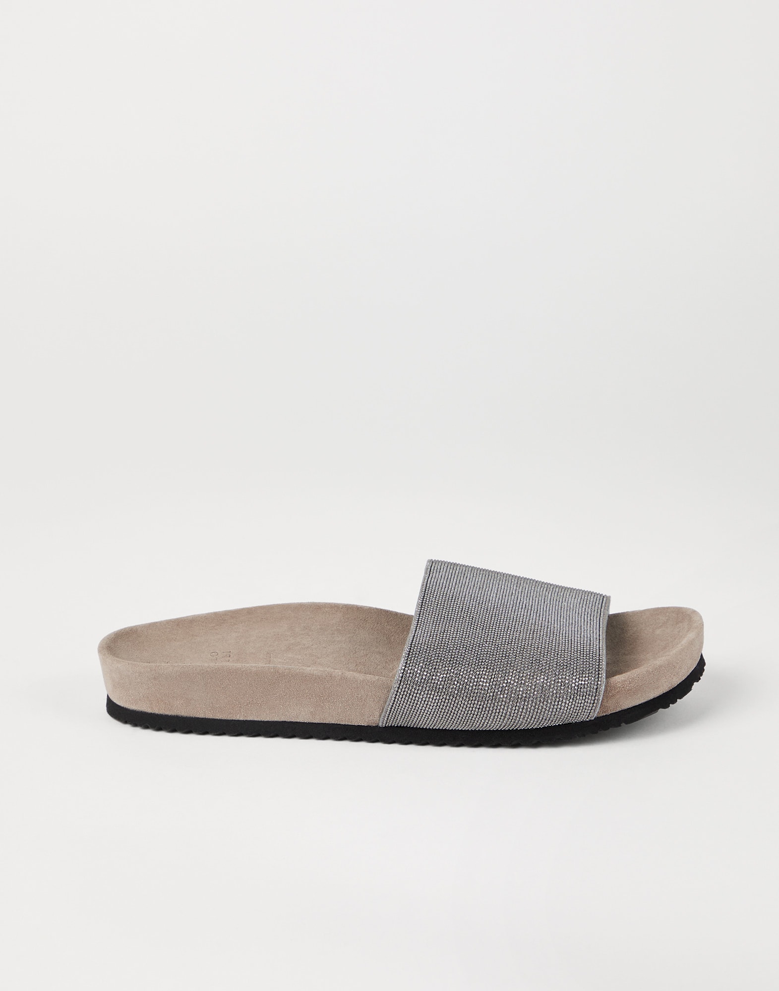 【関税&送料込み】Grey Suede Slide Sandals With Monile Det Suede slides for Woman in Silver | Brunello Cucinelli