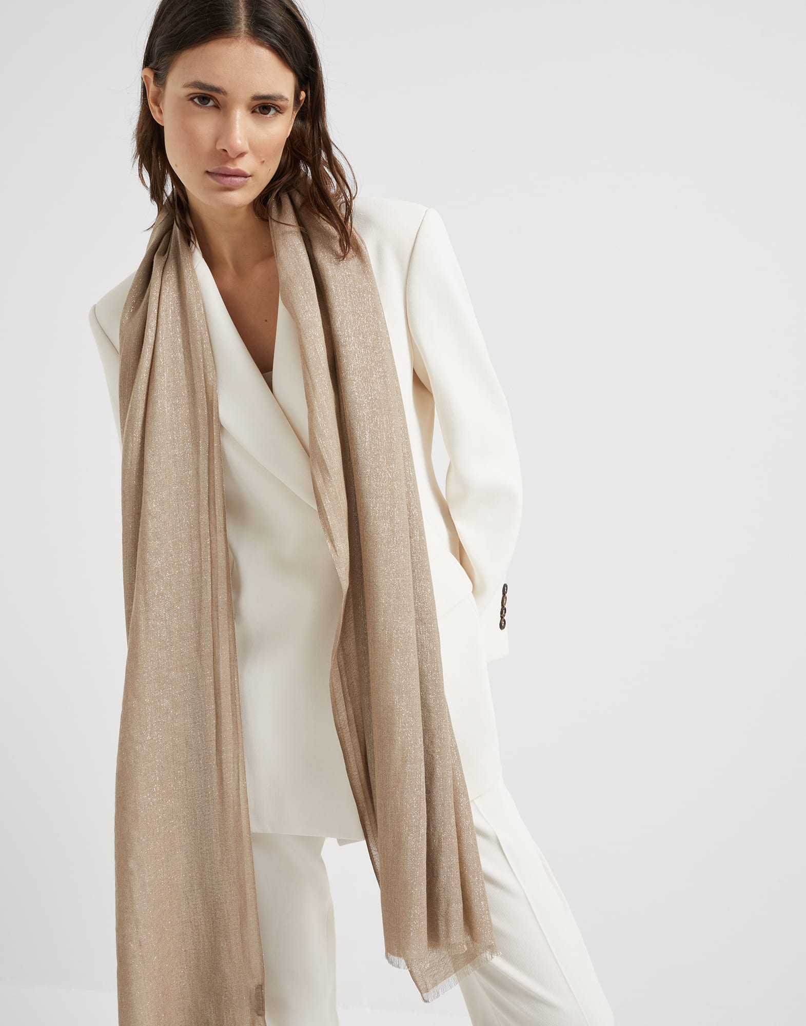 Sparkling scarf for Woman in Pearl Grey | Brunello Cucinelli Sparkling scarf for Woman in Pearl Grey | Brunello Cucinelli