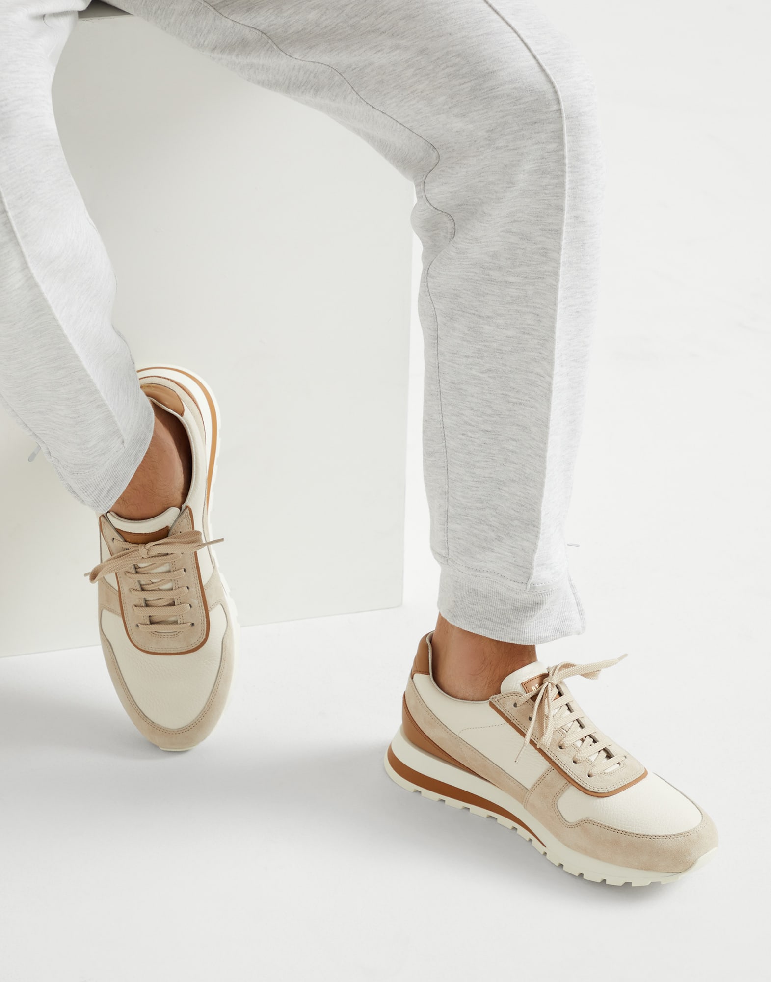 Calfskin and suede runners for Man in Beige | Brunello Cucinelli Calfskin and suede runners for Man in Beige | Brunello Cucinelli