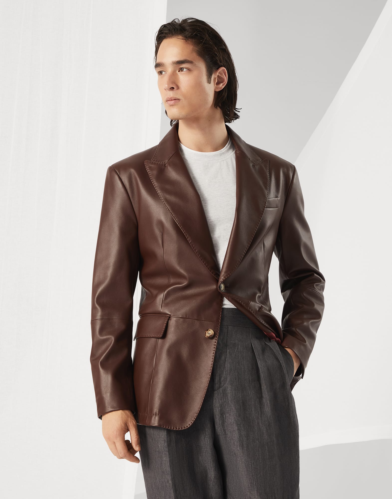 メンズ 向け カカオ ナッパレザージャケット | Brunello Cucinelli メンズ 向け カカオ ナッパレザージャケット | Brunello Cucinelli