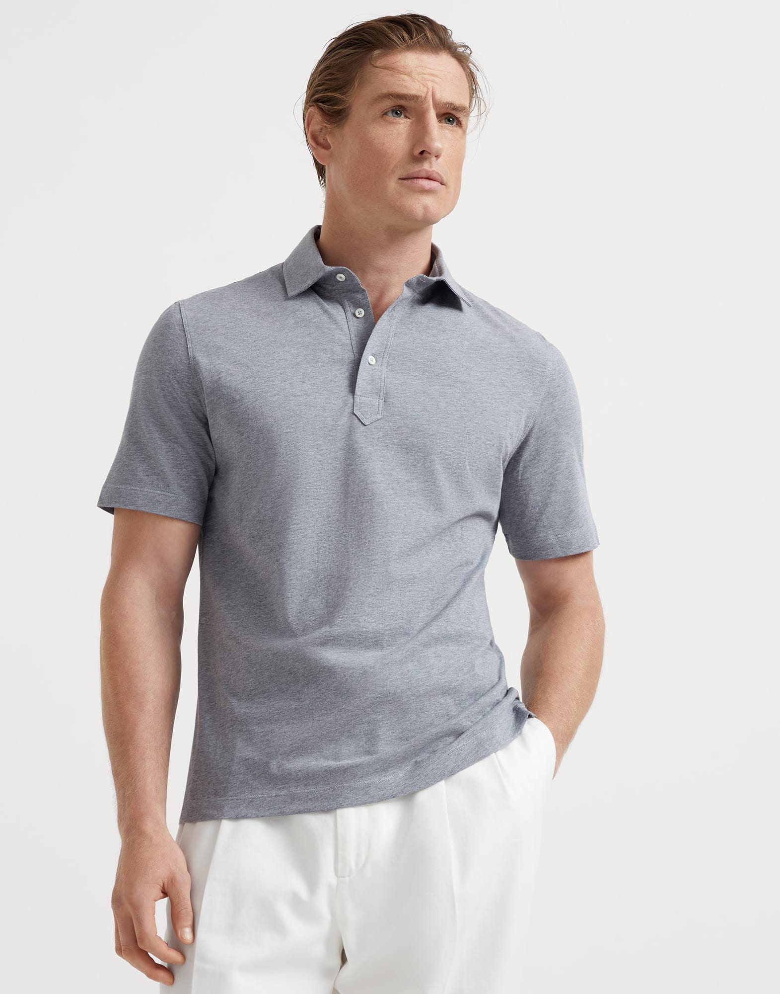 Polo with shirt collar for Man in White | Brunello Cucinelli Polo with shirt collar for Man in White | Brunello Cucinelli