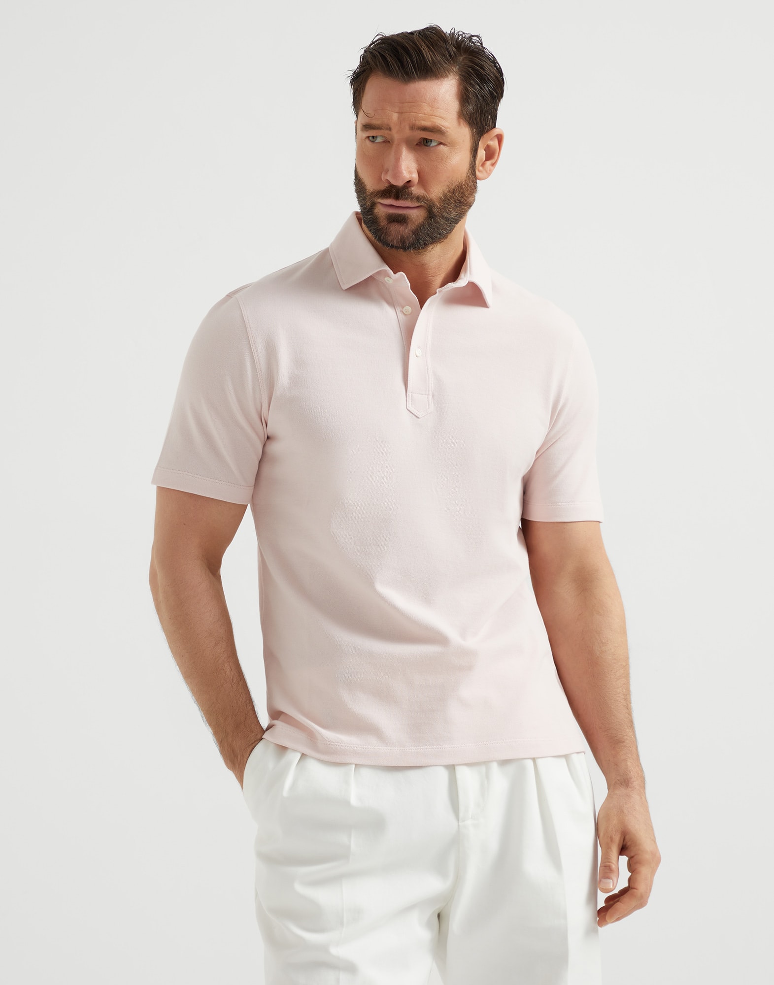 Piqué polo shirt for Man in Salmon | Brunello Cucinelli Piqué polo shirt for Man in Salmon | Brunello Cucinelli