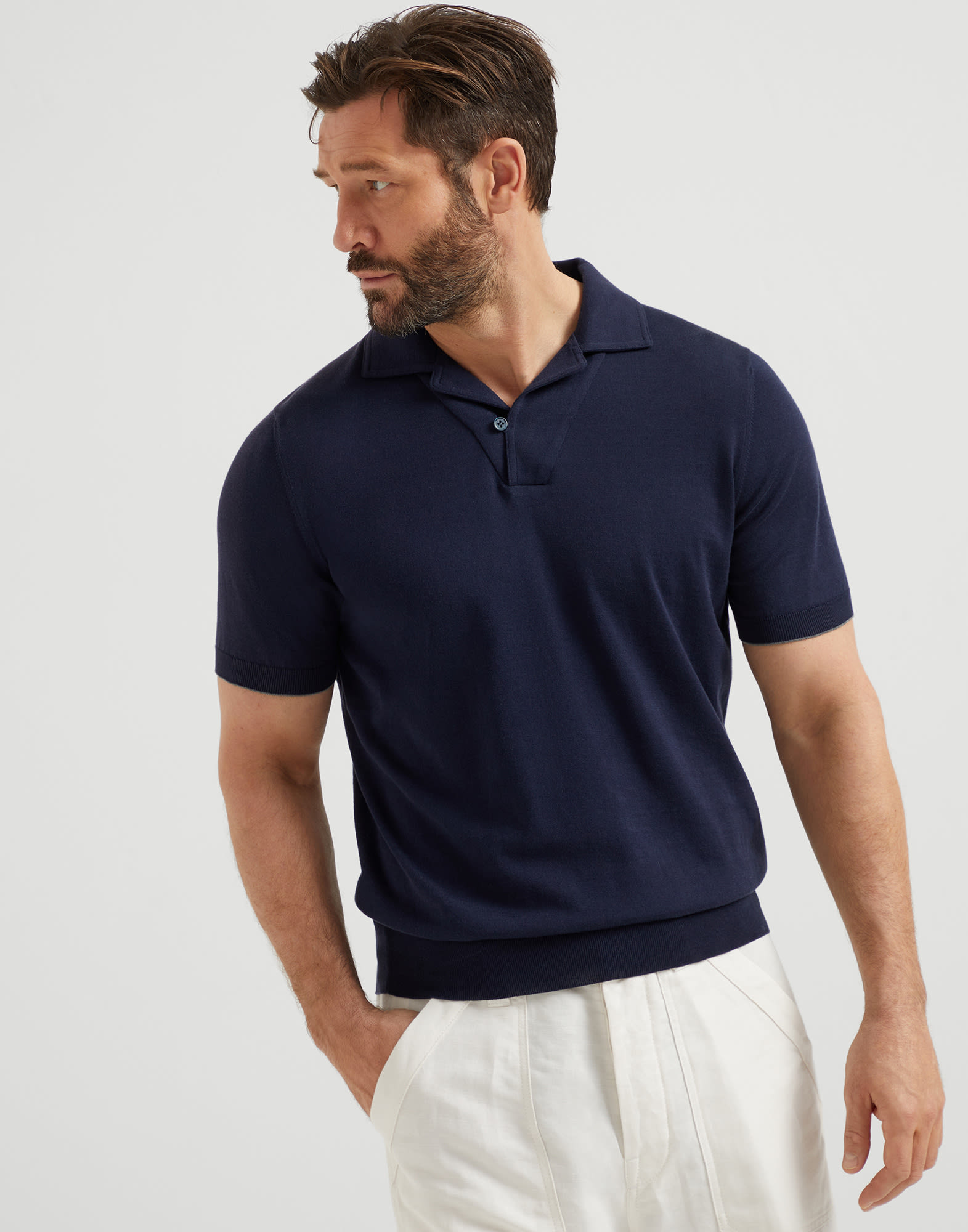Lightweight knit Polo for Man in Navy Blue Brunello Cucinelli