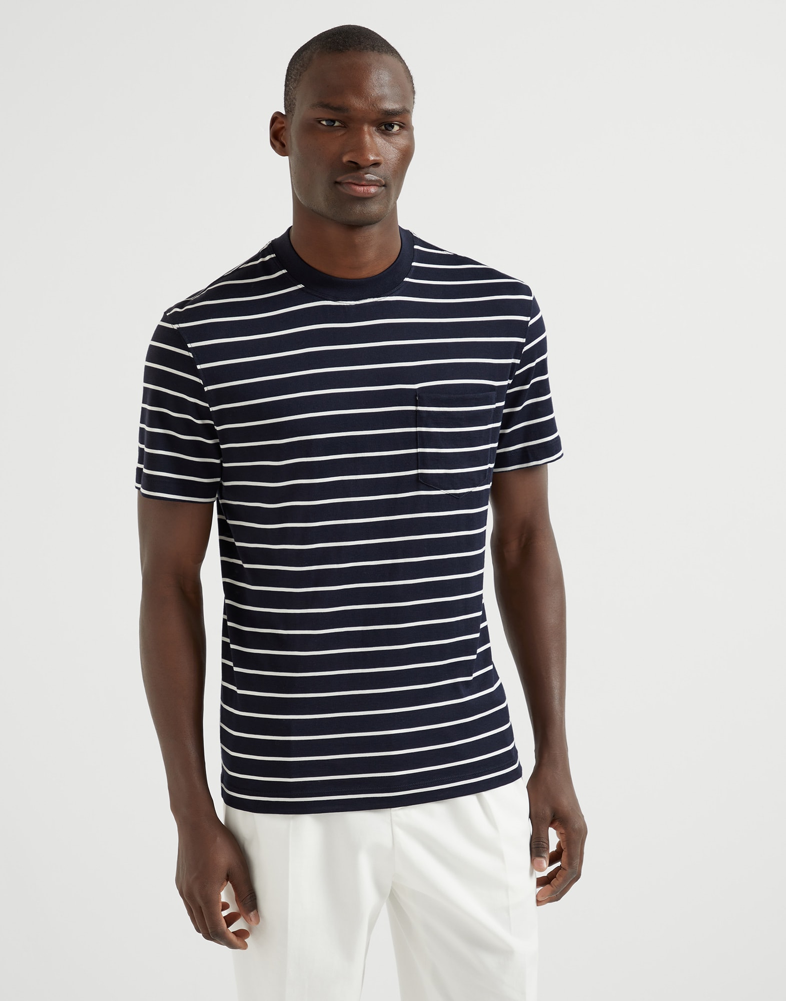 Striped jersey T-shirt for Man in Navy Blue | Brunello Cucinelli Striped jersey T-shirt for Man in Navy Blue | Brunello Cucinelli