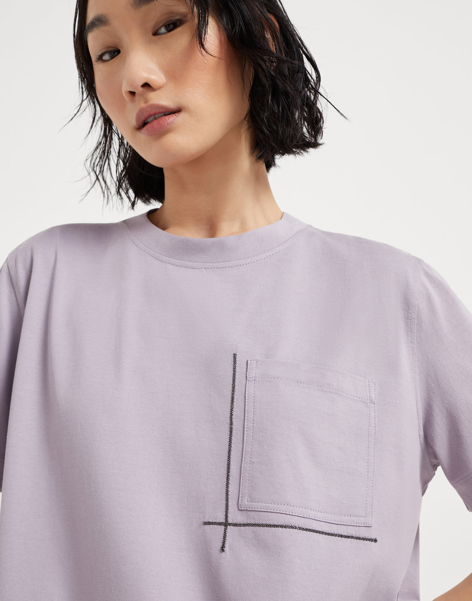 Tシャツ・カットソー BRUNELLO CUCINELLI Woman T-Shirt Grey MPT81SO800 C8127 T-shirt with monili for Woman in White | Brunello Cucinelli