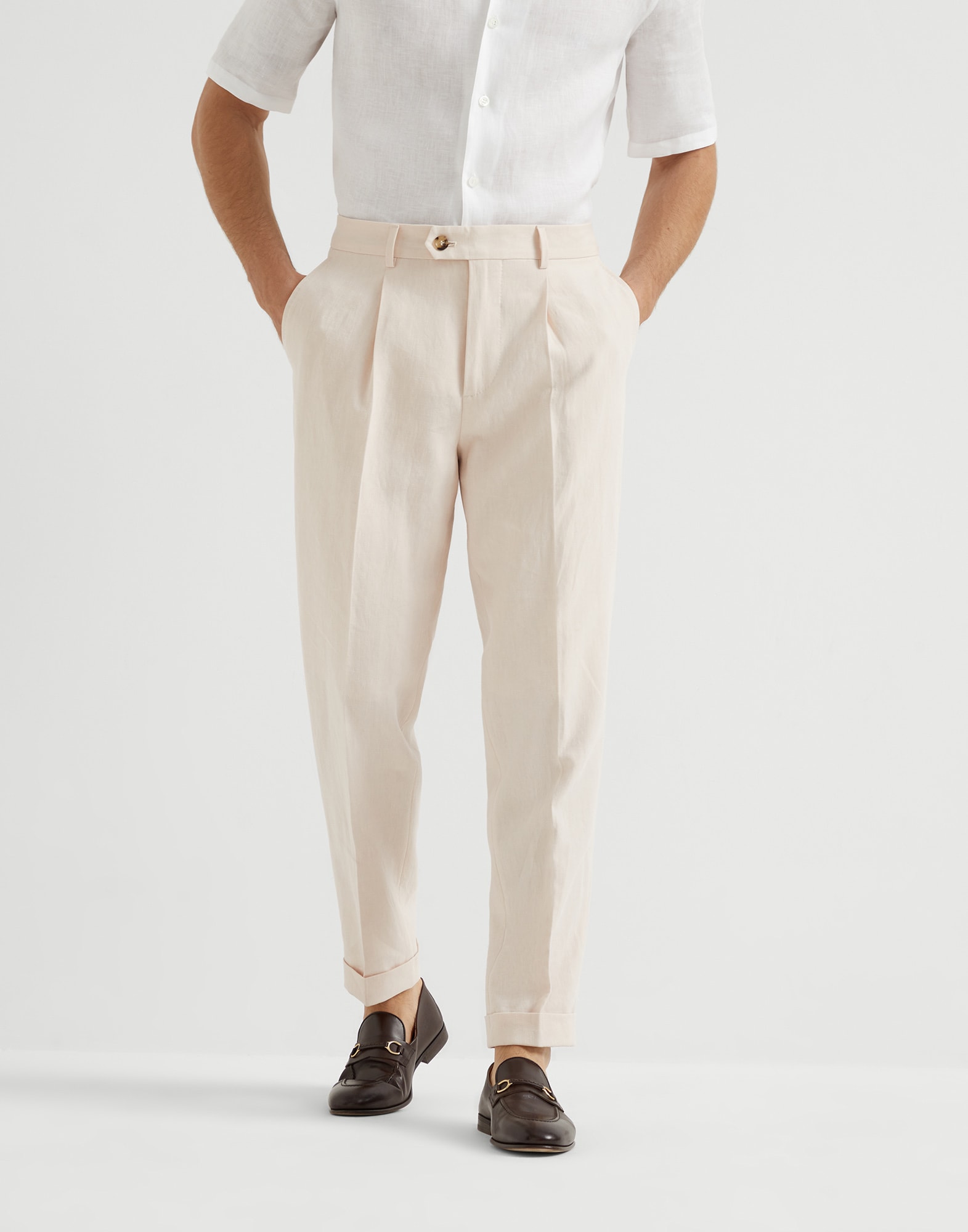 パンツ BRUNELLO CUCINELLI LINEN TROUSERS WITH SHINY DETAILS Linen trousers for Man in Light Pink | Brunello Cucinelli