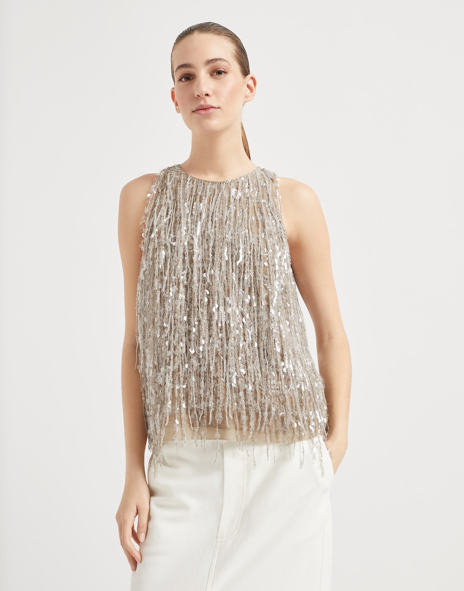 Glistening Embroidery top Walnut Woman - Brunello Cucinelli