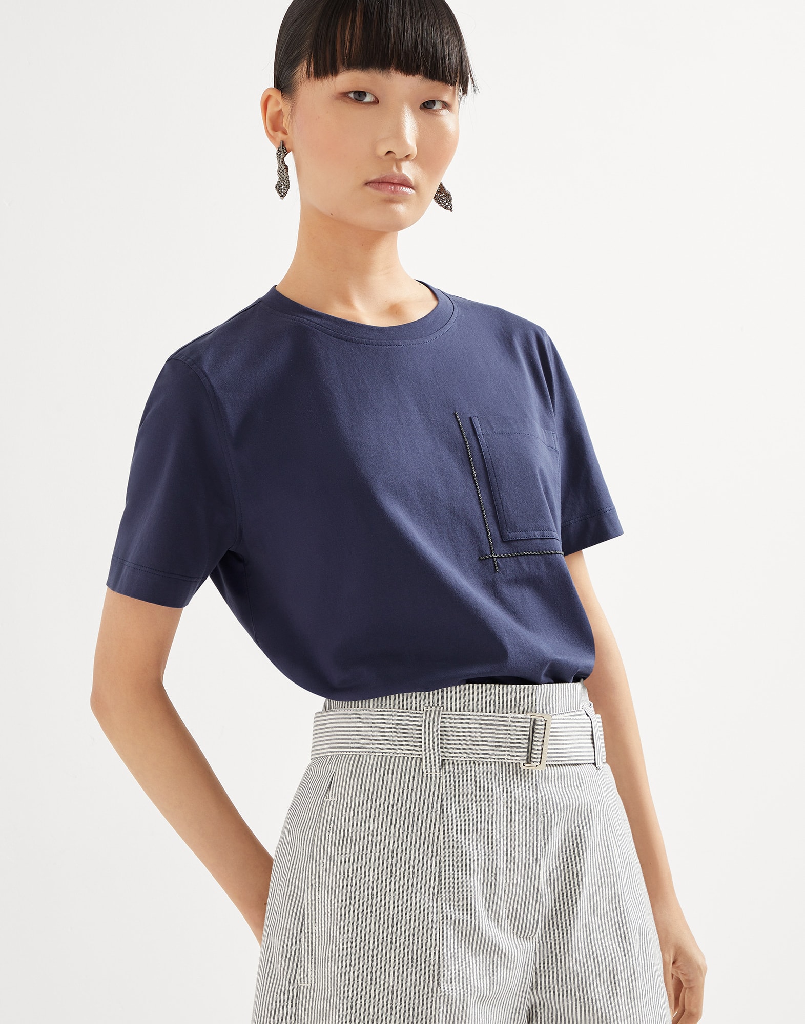 T-shirt with monili for Woman in White | Brunello Cucinelli T-shirt with monili for Woman in White | Brunello Cucinelli