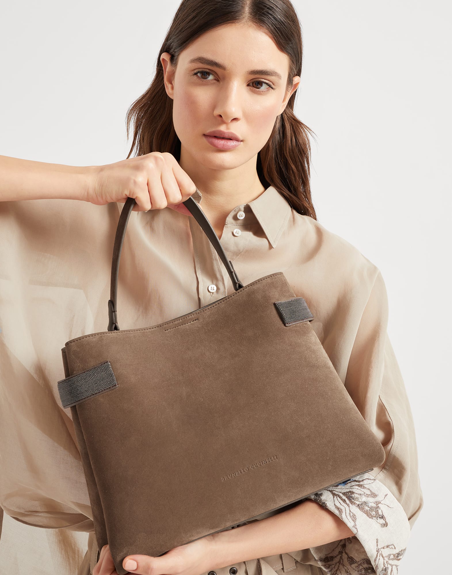Suede Top-Handle Essence bag for Woman in Brown | Brunello Suede Top-Handle Essence bag for Woman in Brown | Brunello