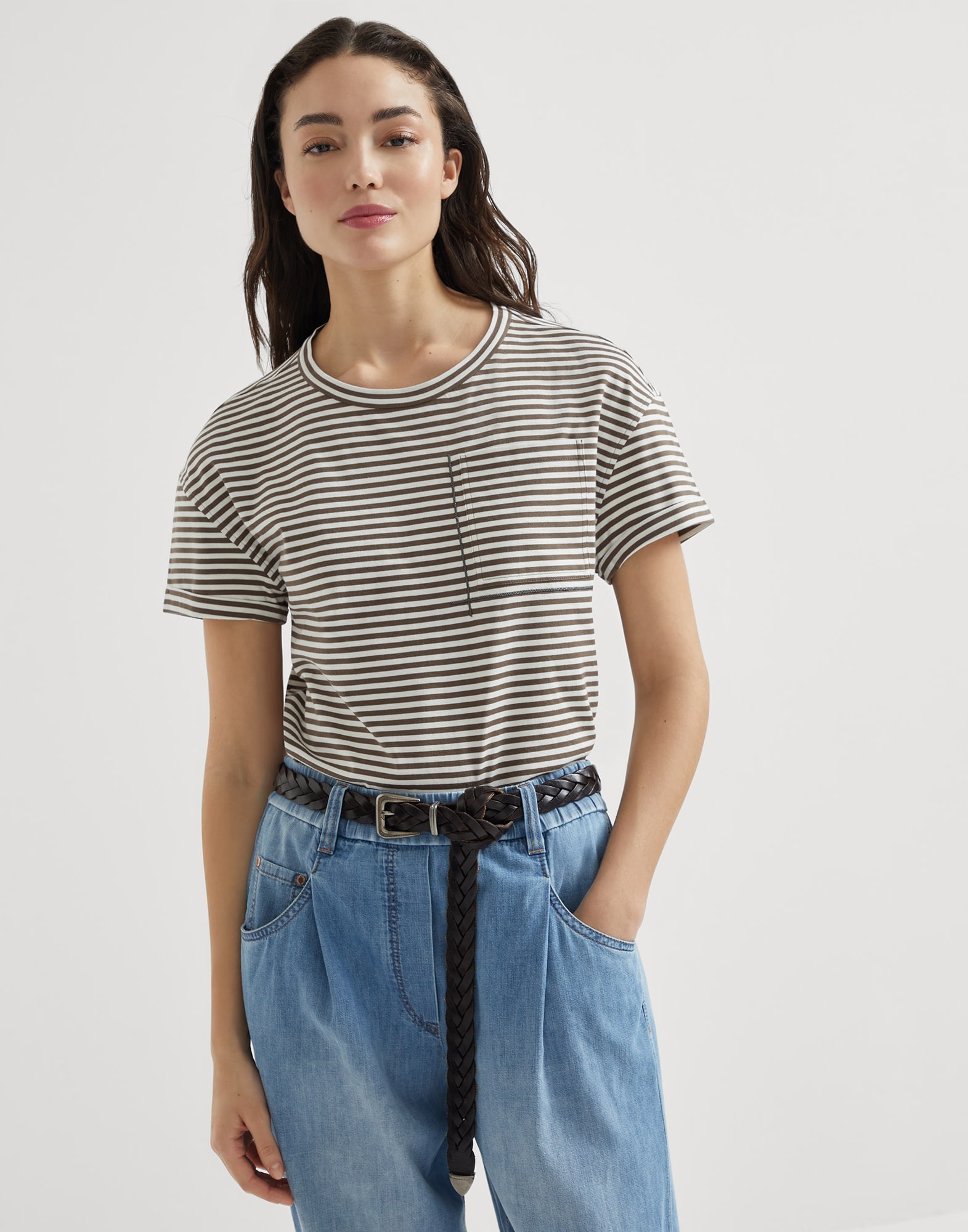 Tシャツ・カットソー BRUNELLO CUCINELLI Women Tops ML929HA820 C7047 BLUE T-shirt with monili for Woman in Blue | Brunello Cucinelli