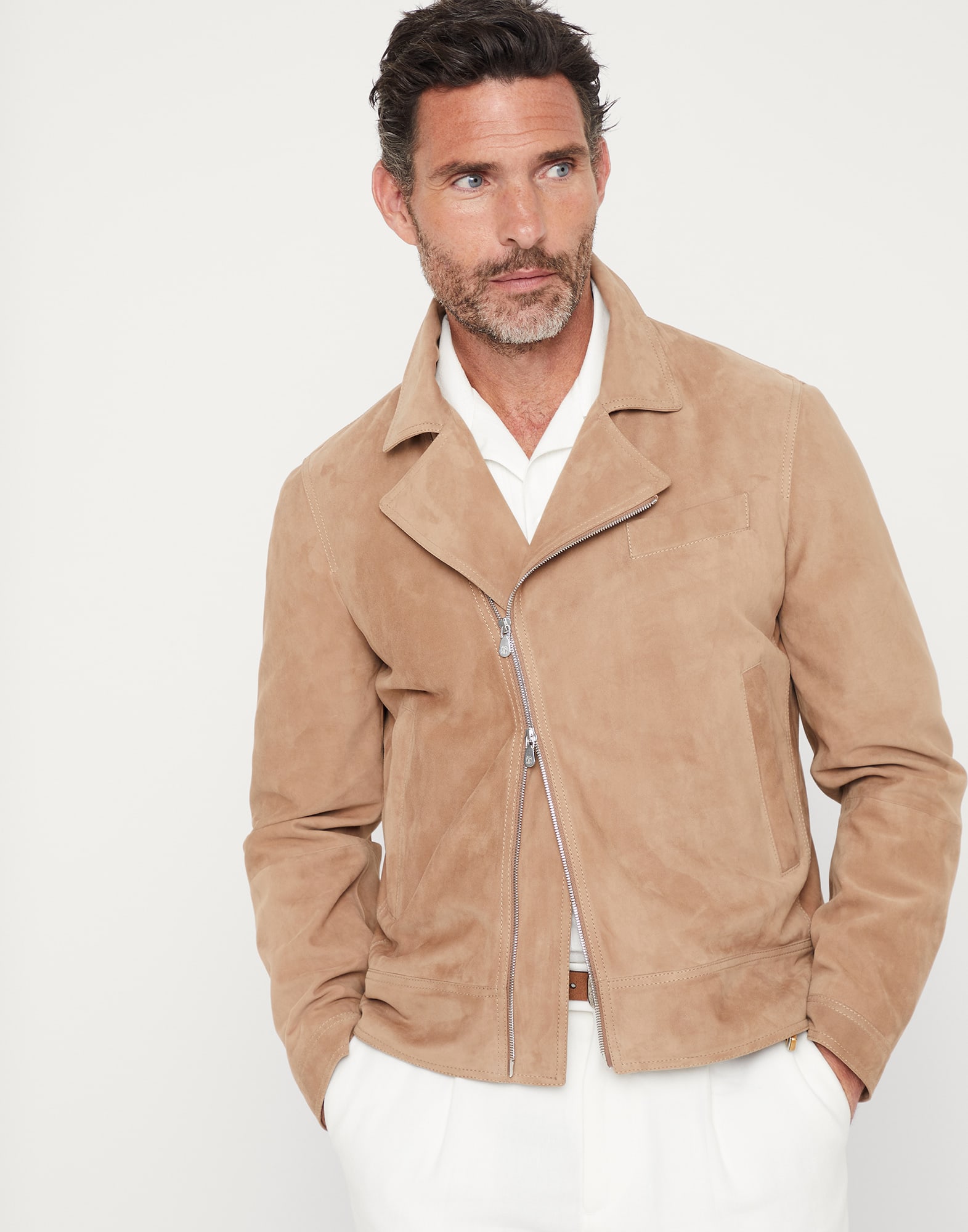 Suede biker jacket Beige Man - Brunello Cucinelli