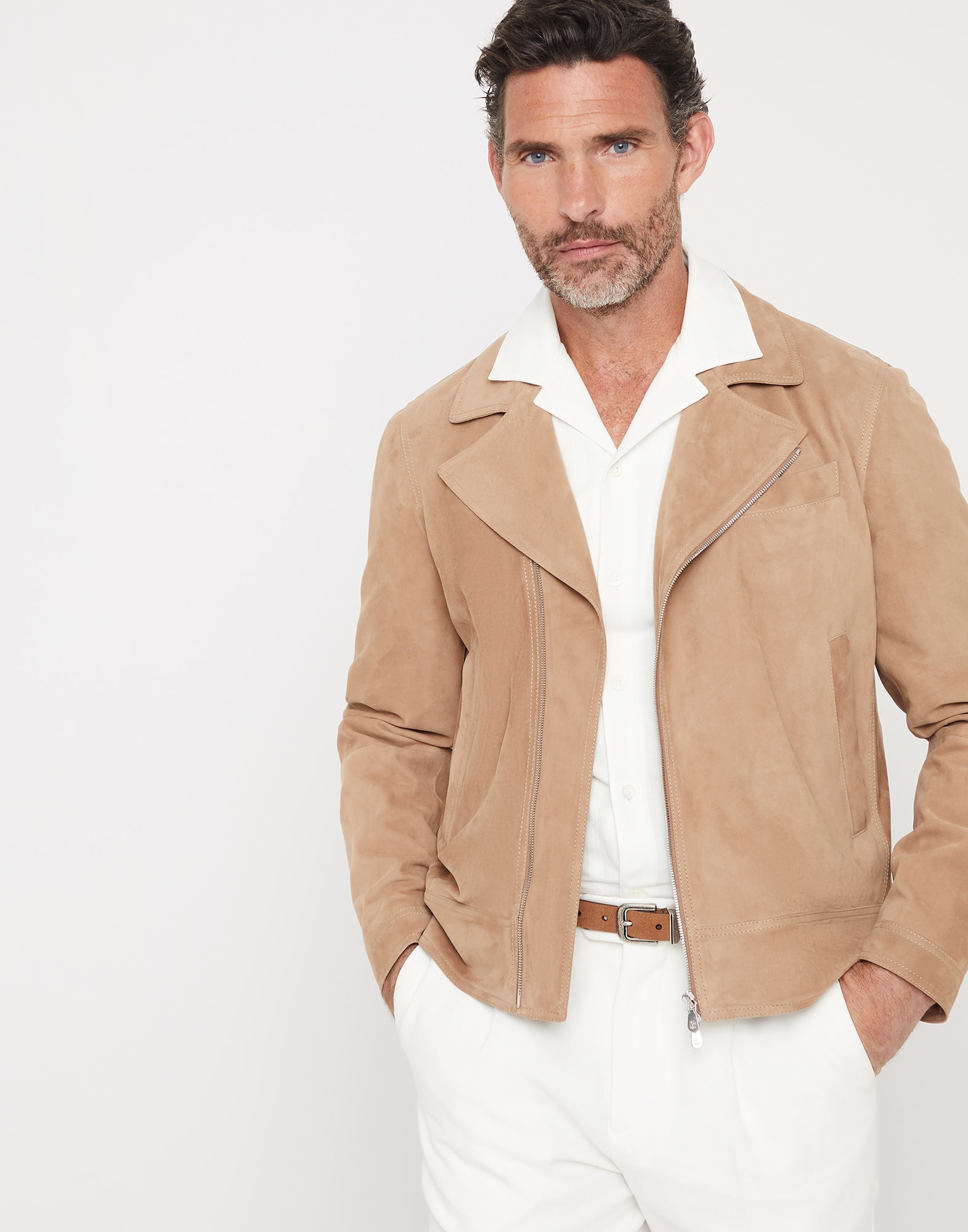 Suede biker jacket Beige Man - Brunello Cucinelli