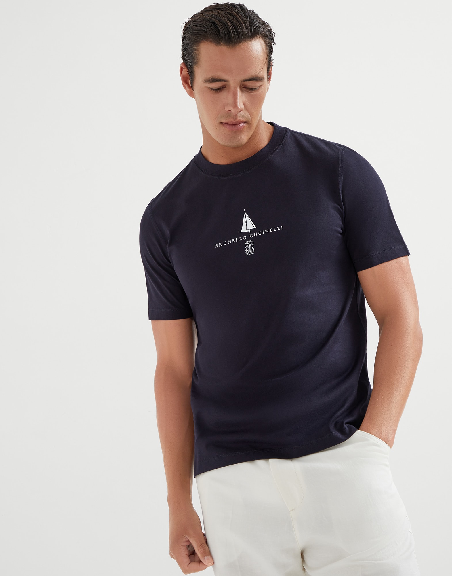 T-shirt with print for Man in Navy Blue | Brunello Cucinelli T-shirt with print for Man in Navy Blue | Brunello Cucinelli
