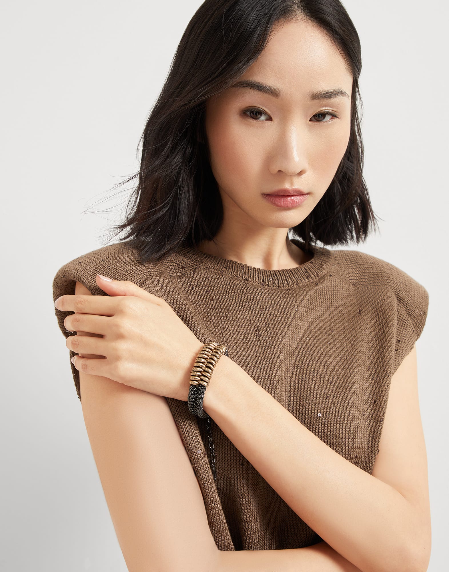 Leather and monili bracelet Lignite Grey Woman - Brunello Cucinelli