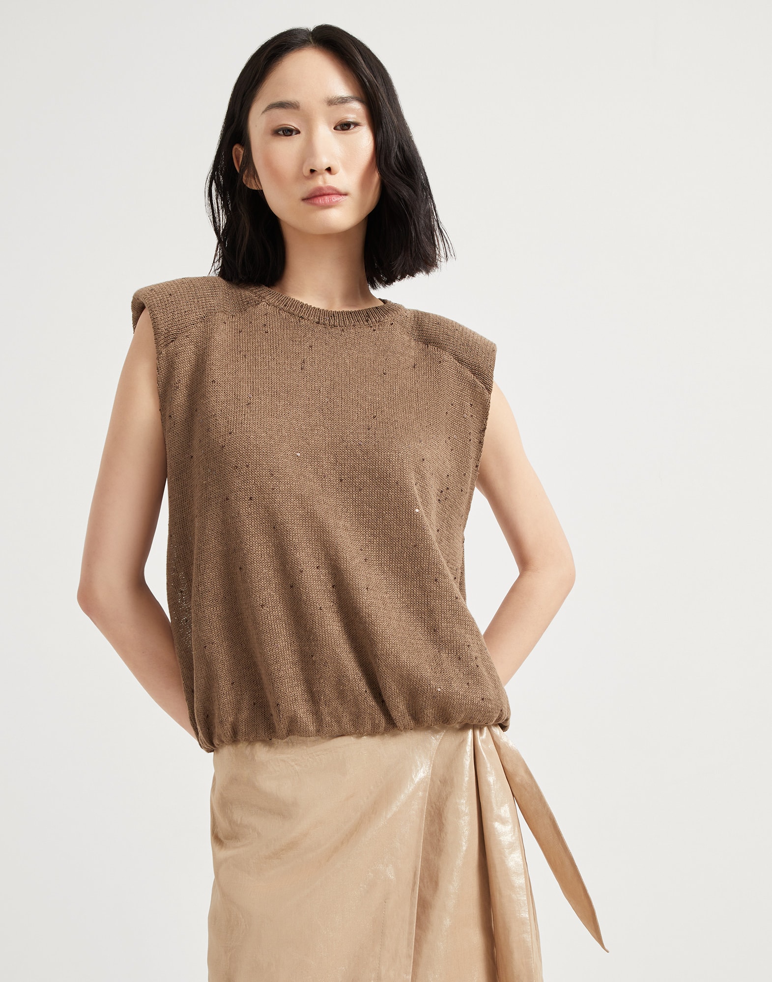 Pull sans manches en lin et soie Diamante Cacao Femme - Brunello Cucinelli
