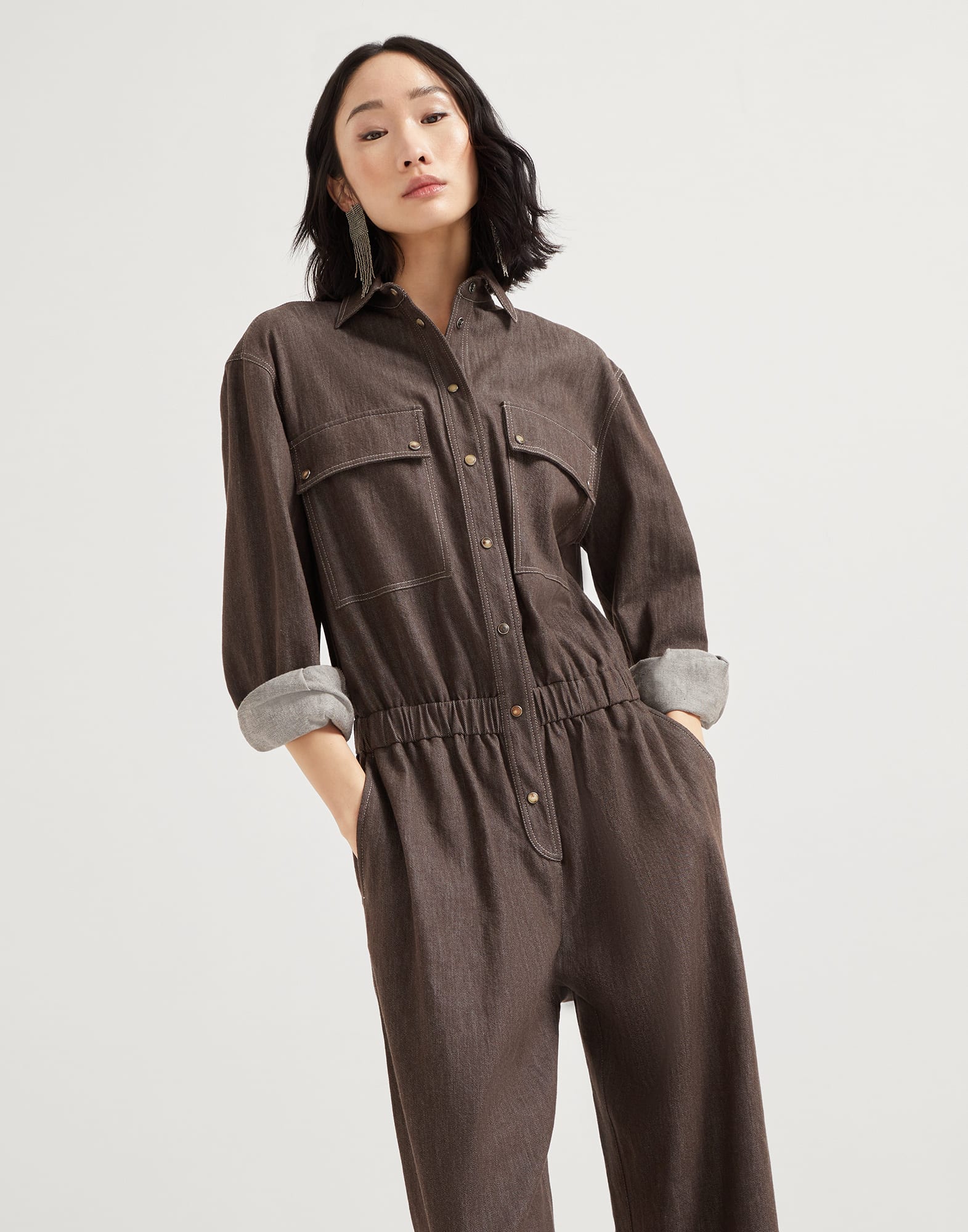 Tuta in denim no fade leggero Cacao Donna - Brunello Cucinelli