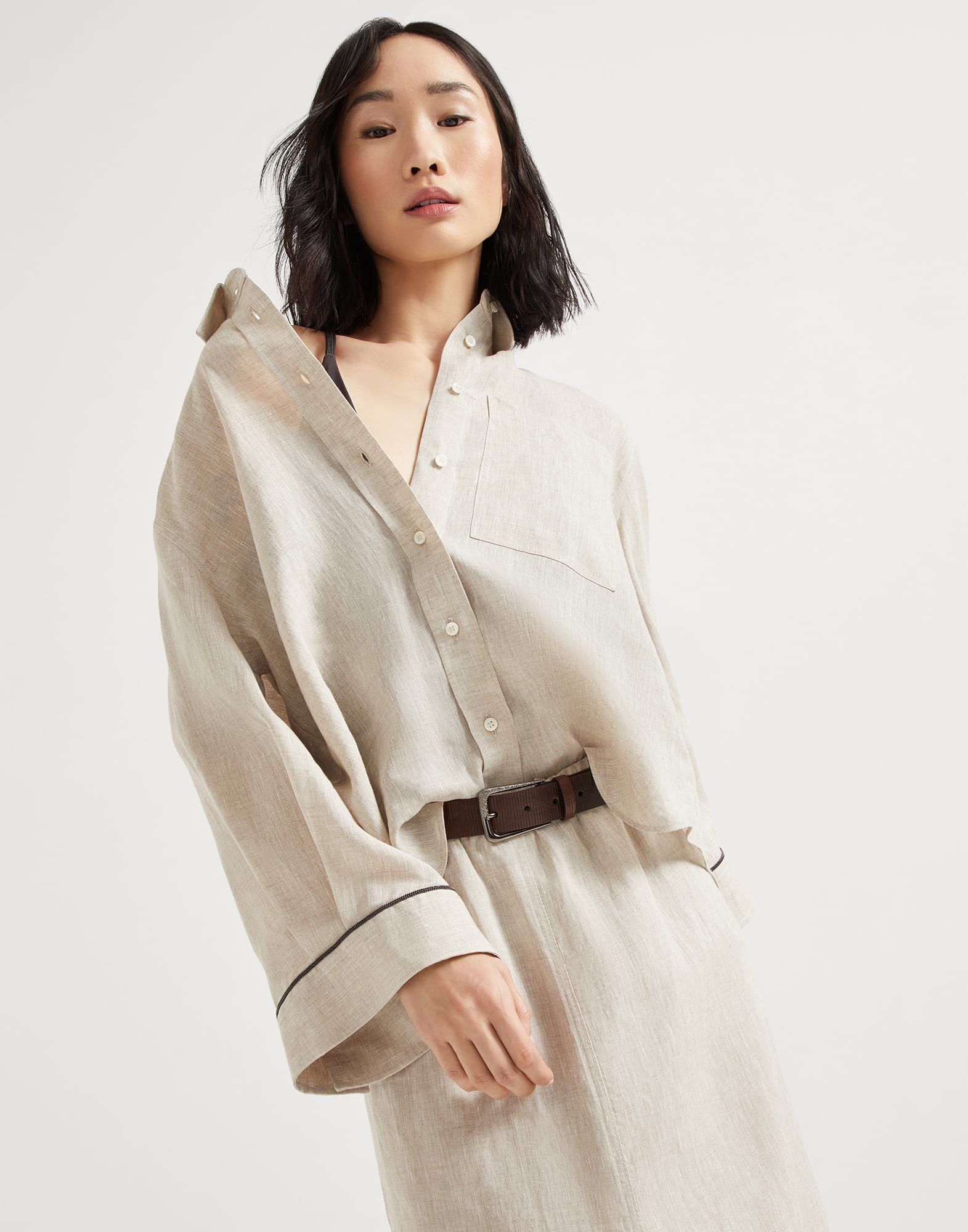 Cropped shirt with monili Natural Woman - Brunello Cucinelli