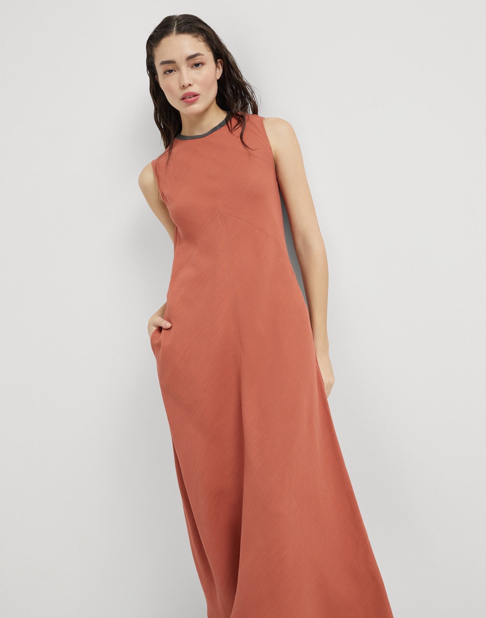 Twill dress with monili Mandarin Woman - Brunello Cucinelli