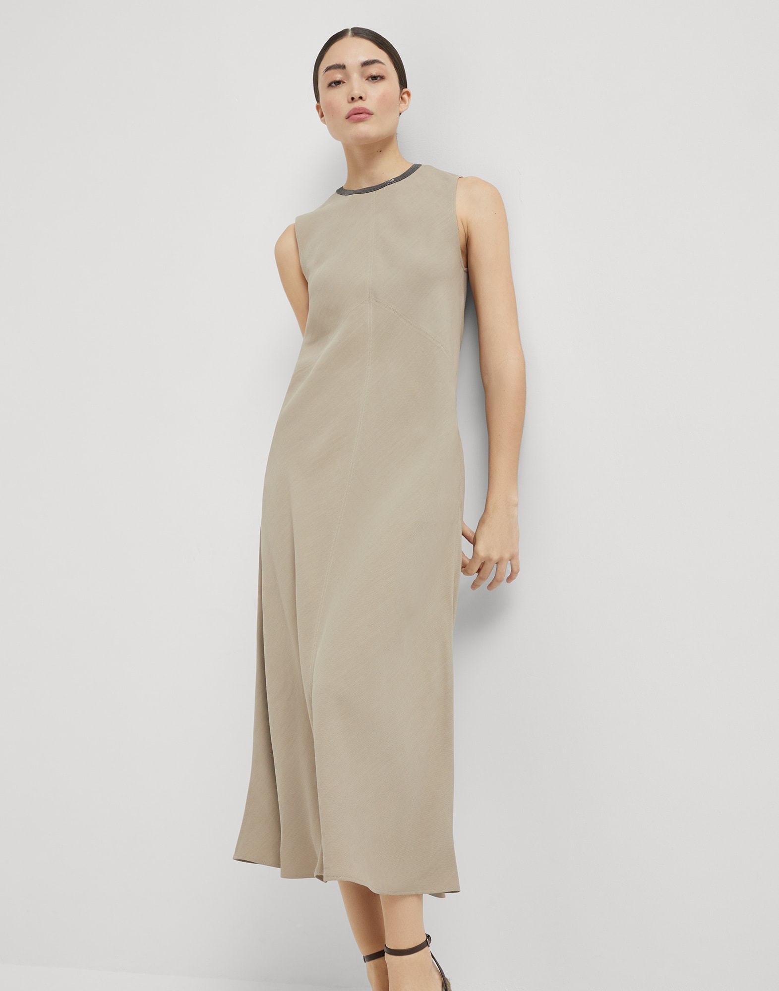 Twill dress with monili Cool Beige Woman - Brunello Cucinelli