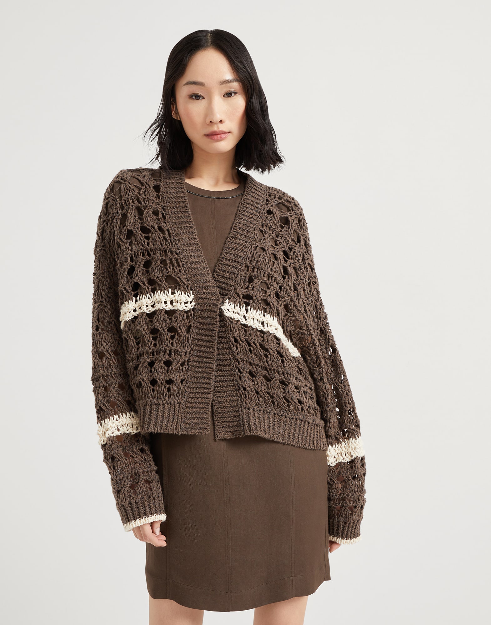Textured net cardigan Chocolate Woman - Brunello Cucinelli