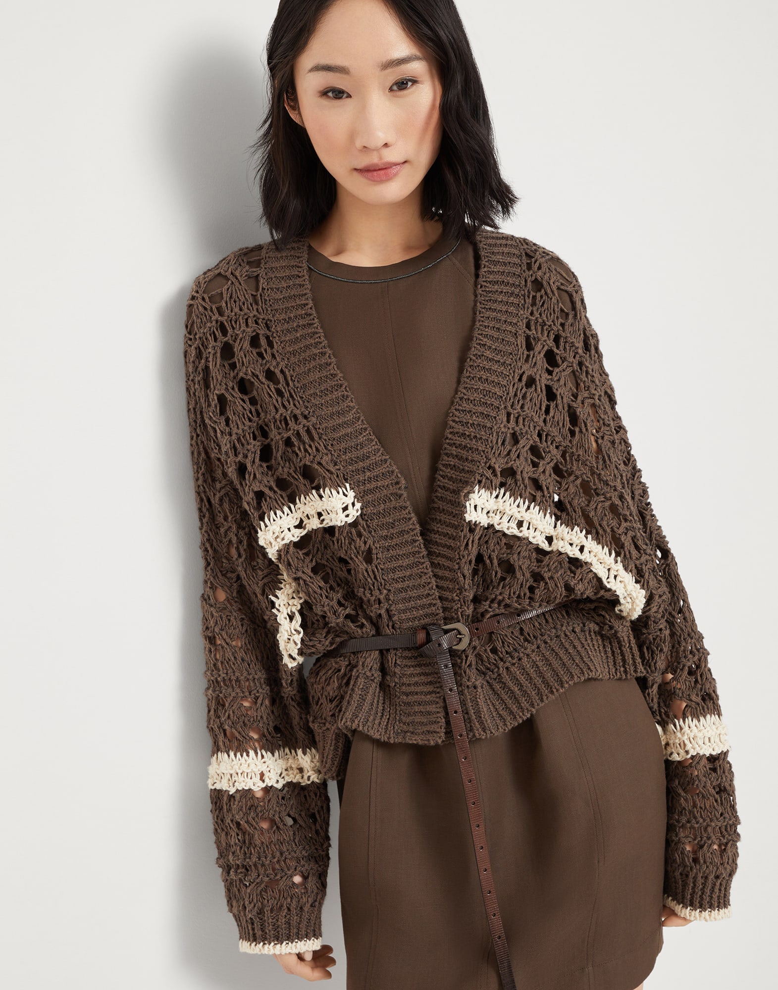 Textured net cardigan Chocolate Woman - Brunello Cucinelli