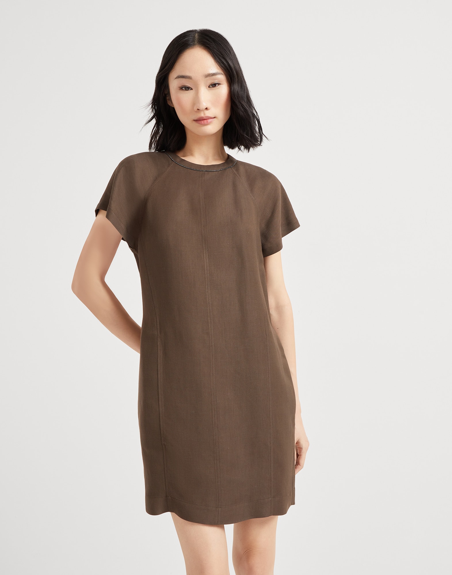 Twill mini dress with monili Chocolate Woman - Brunello Cucinelli