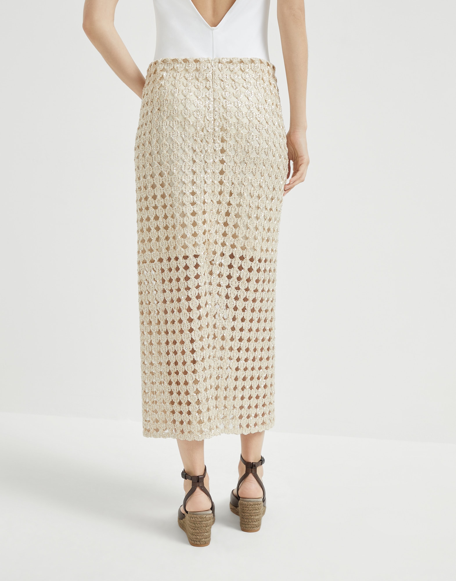 Falda Midi Dazzling Embroidery Camello Mujer - Brunello Cucinelli