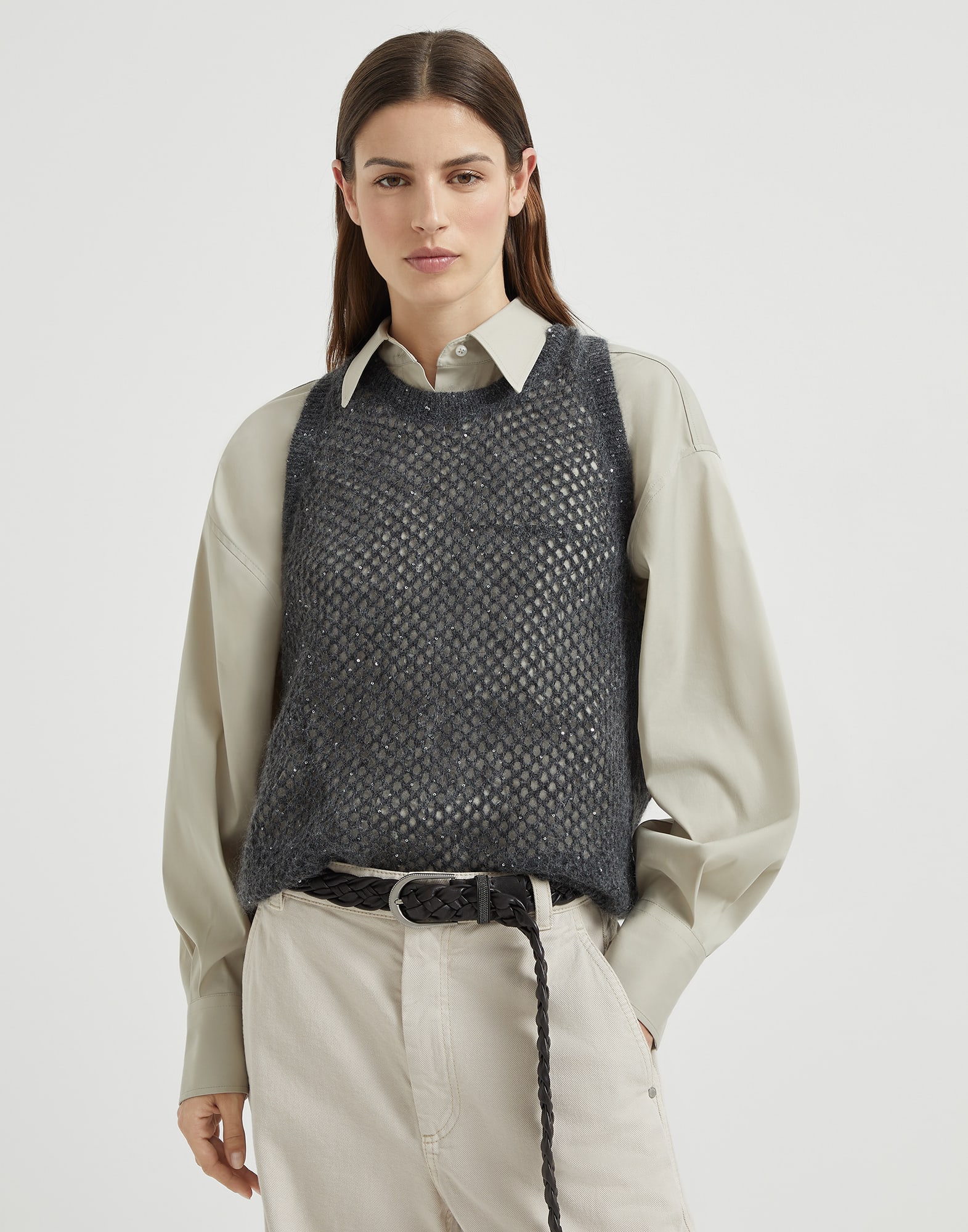 Dazzling Net knit top Anthracite Woman - Brunello Cucinelli